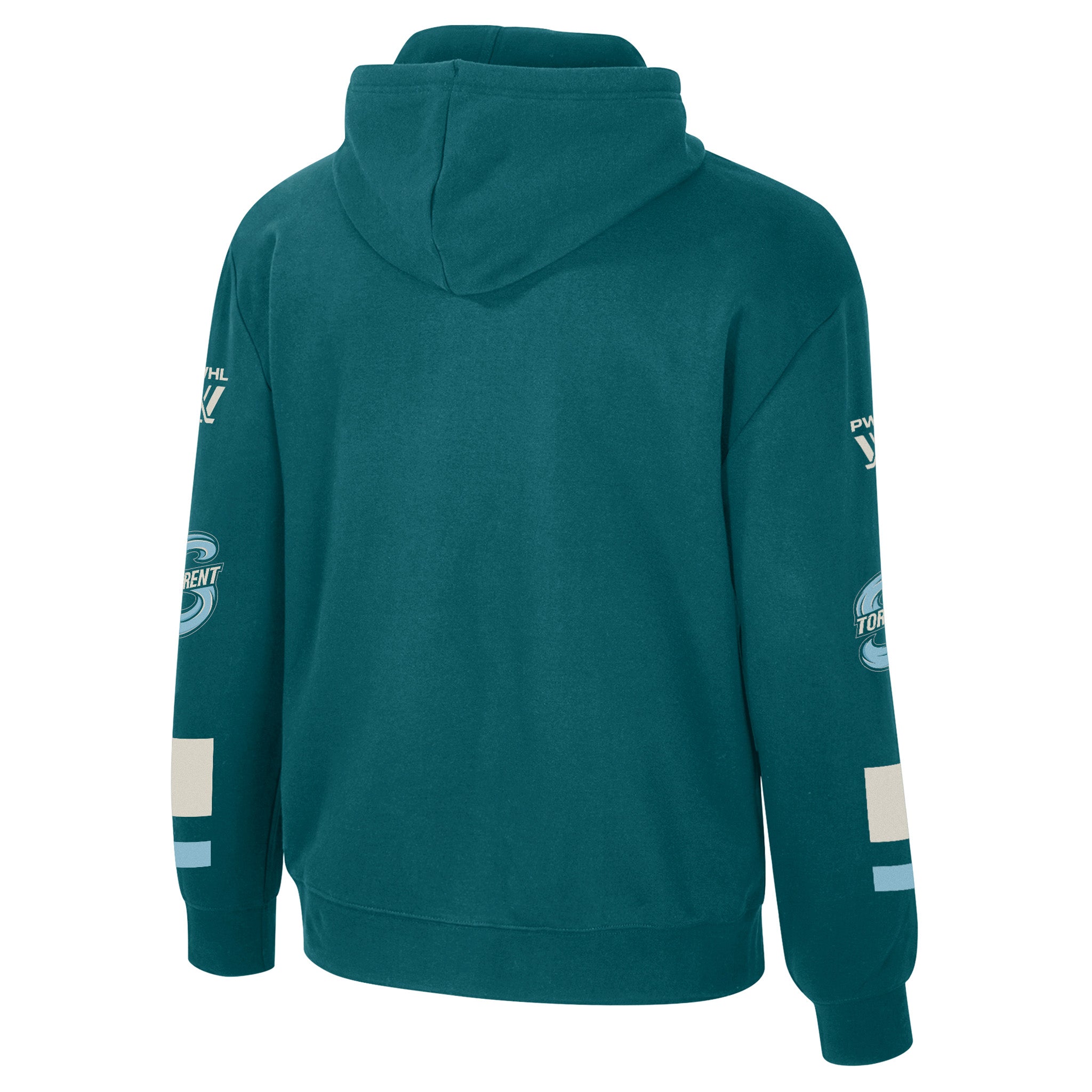Teal hoodie with brand logos on sleeves against a white background