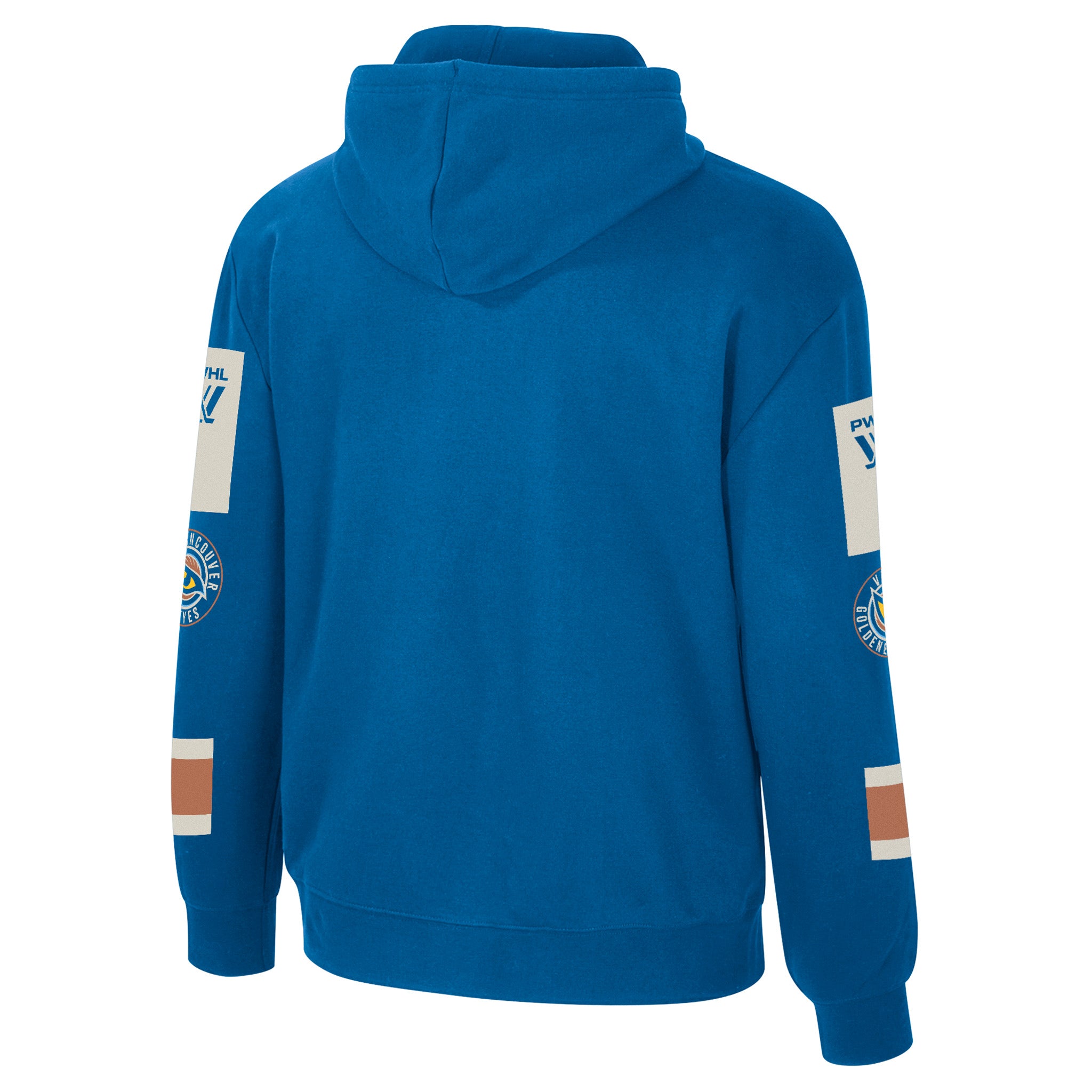 Blue hoodie with brand logos on sleeves against a white background