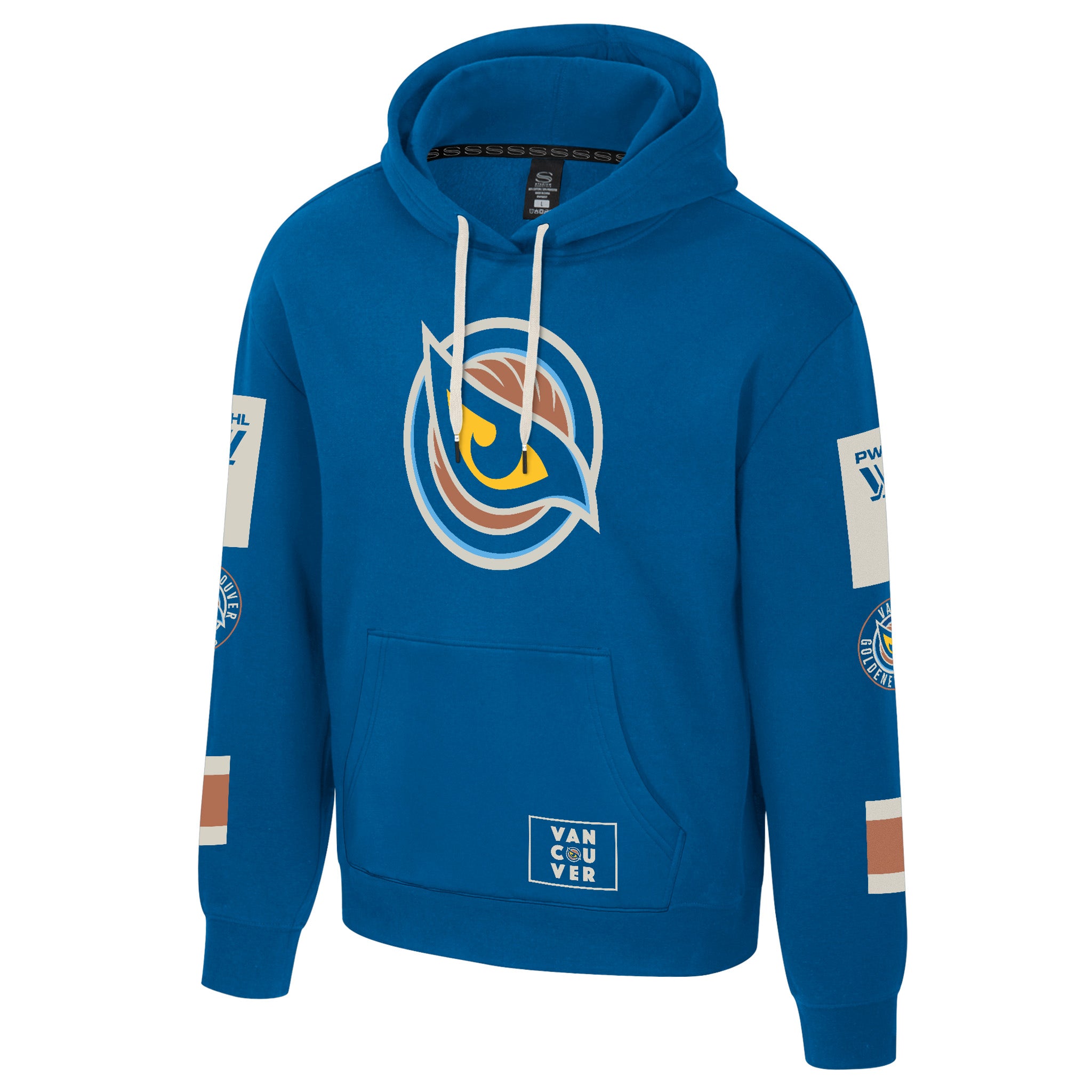 Blue hoodie with a logo on a white background
