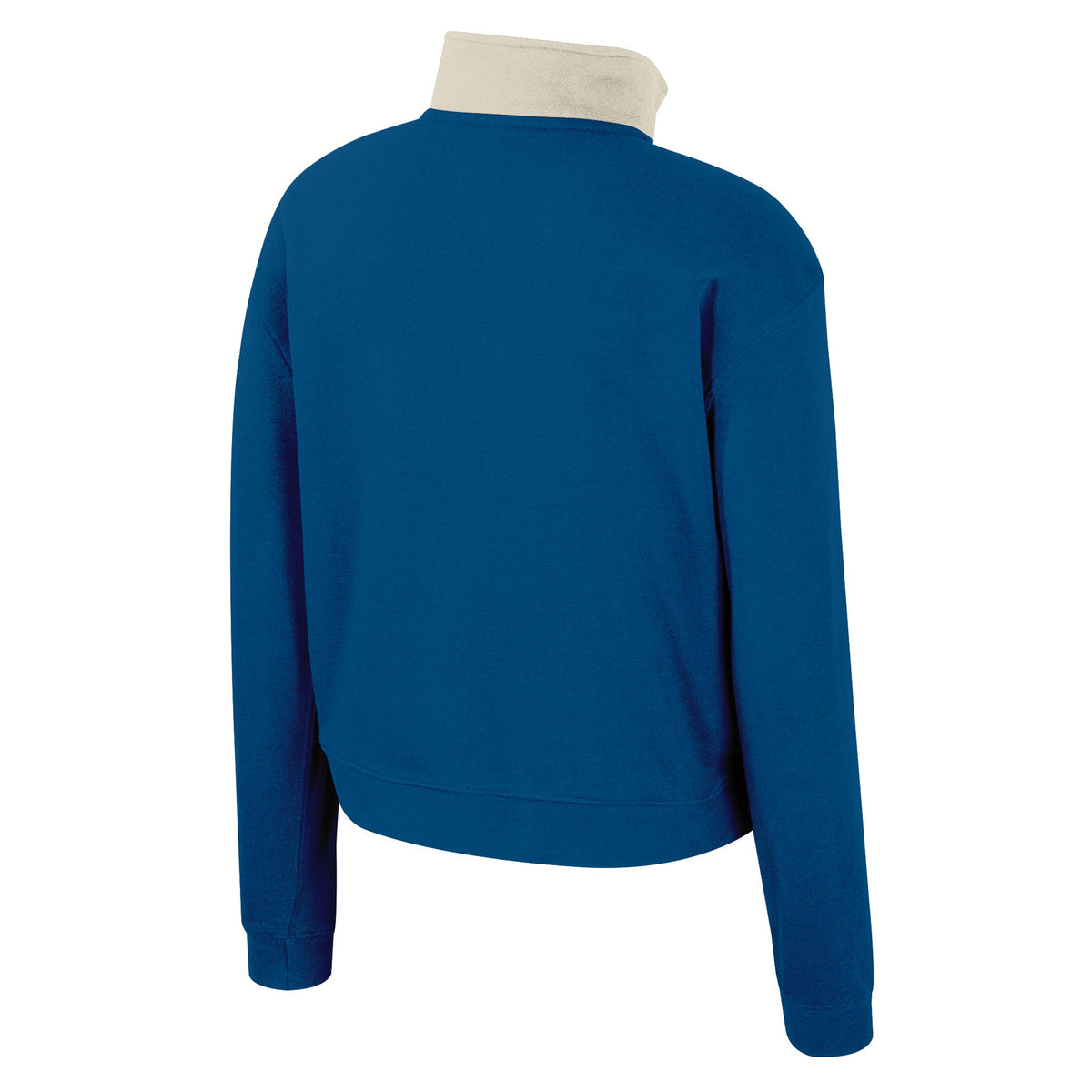 The back of a blue Vancouver Goldeneyes fleece half zip with teal color blocking on the collar.