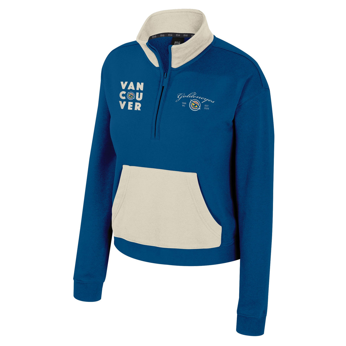 The front of a blue fleece half zip with cream color blocking on collar and front pocket. The right chest has an embroidered 'VANCOUVER' set in three lines of text with the Vancouver Goldeneyes logo as the 'O'. The left chest has ‘Goldeneyes’ embroidered in cream cursive above a small, embroidered Vancouver Goldeneyes Logo with ‘VAN, BC’ and ‘EST 2025’ on each side of it.