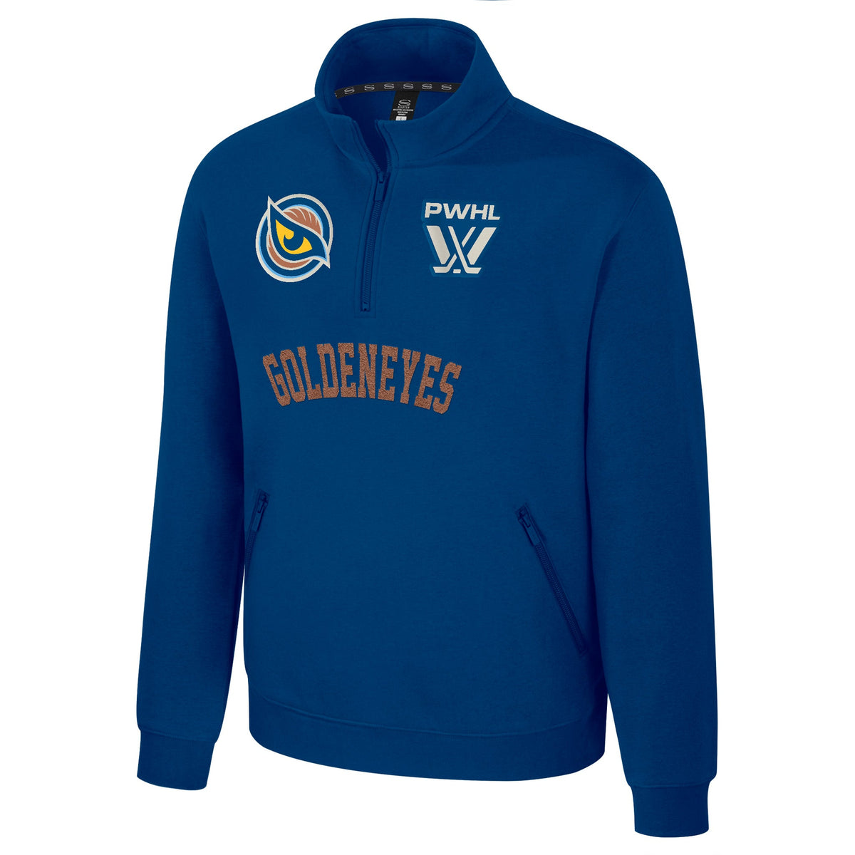 The front of a blue fleece quarter zip with an embroidered white PWHL logo on the left chest and a Vancouver Goldeneyes logo on the right chest. Below the zipper is a copper embroidered 'GOLDENEYES'.