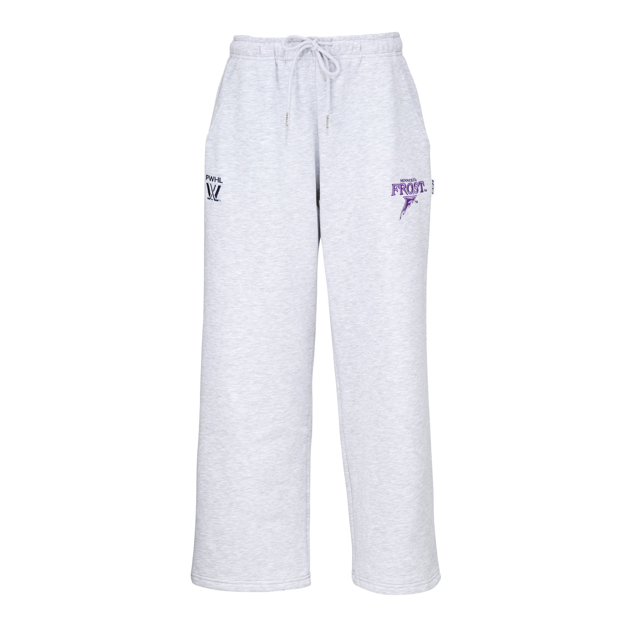 White sweatpants with embroidered logo on a white background