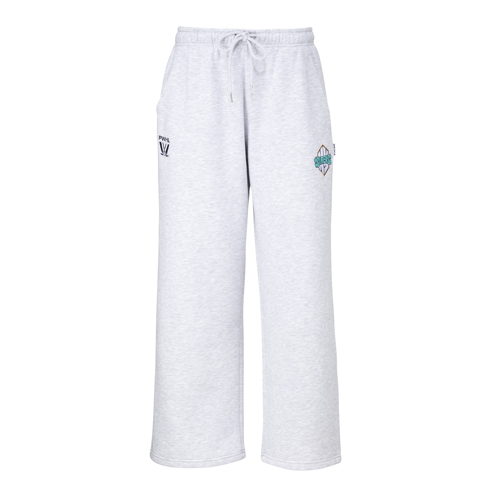Gray sweatpants with logos on a white background