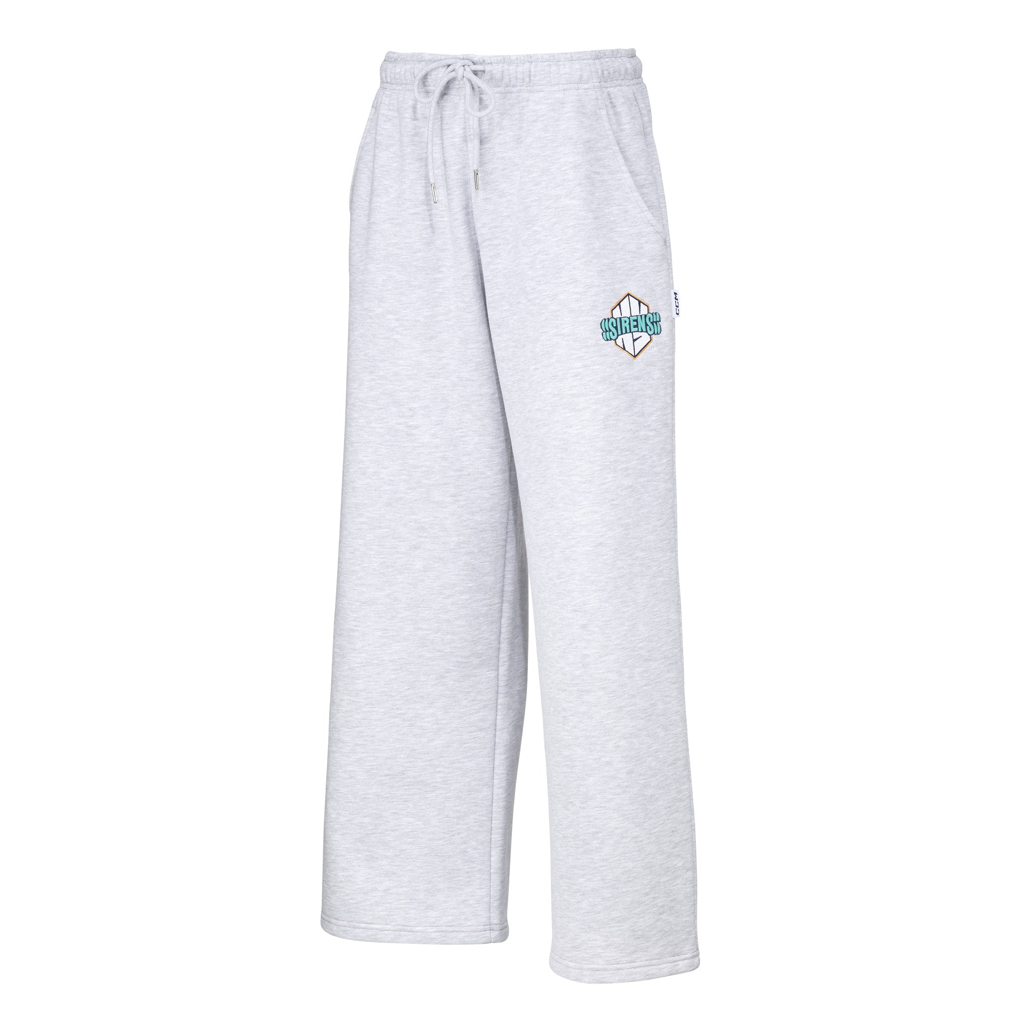 Gray sweatpants with a logo on a white background