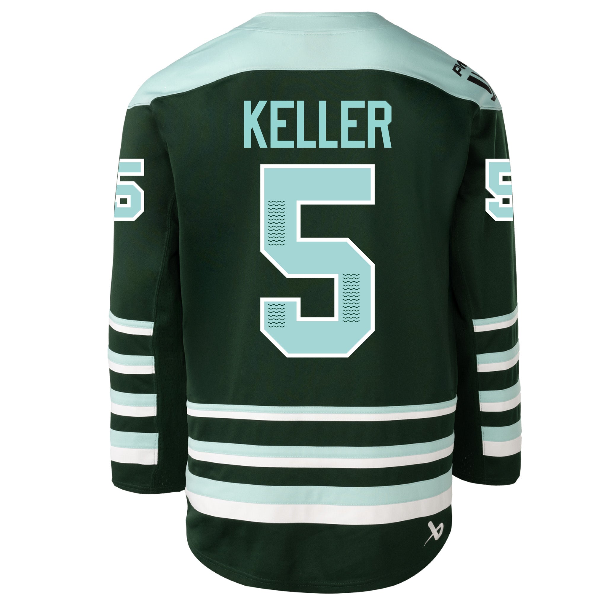 Green hockey jersey with 'Keller' and number '5' on a white background
