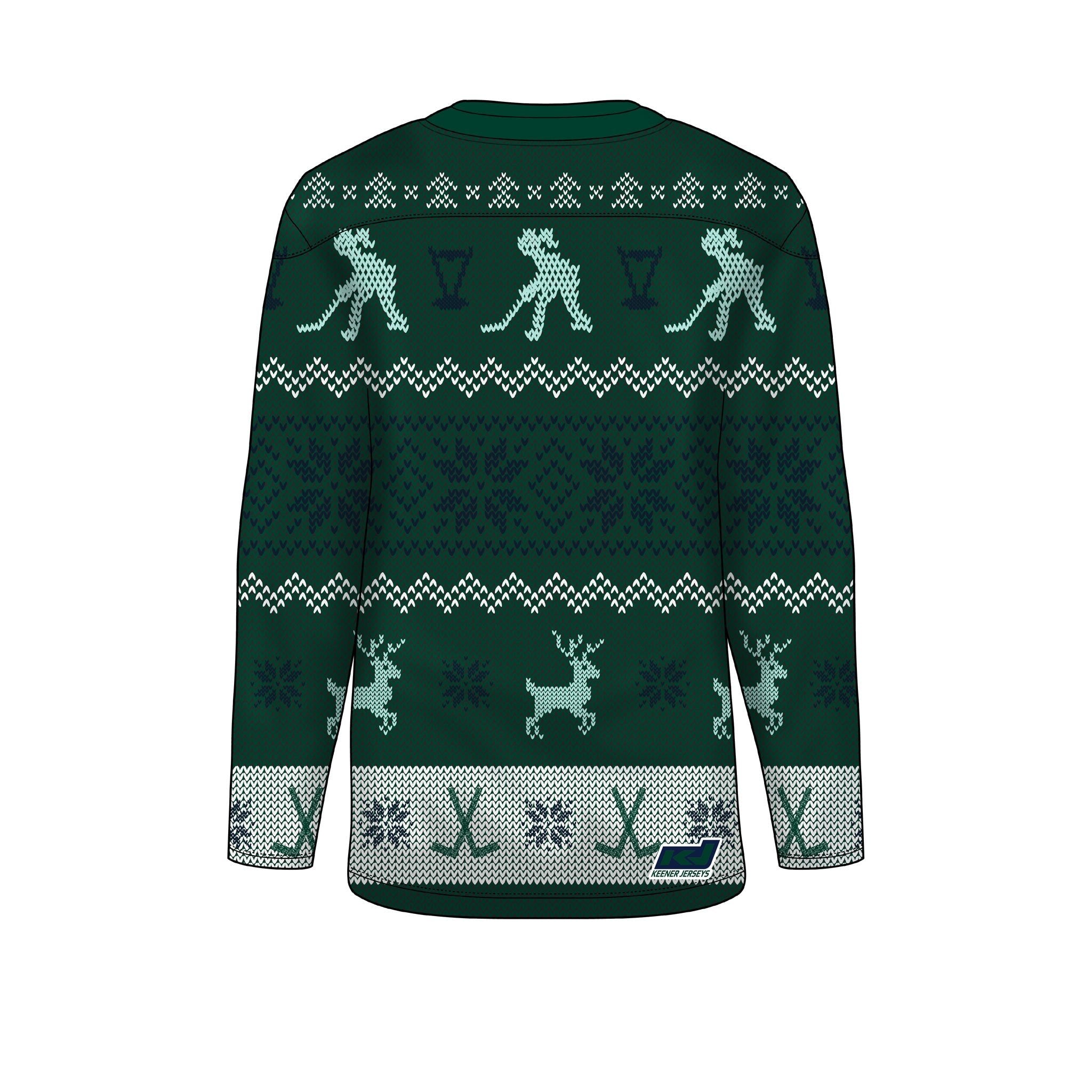 Green sweater with winter-themed patterns on a white background