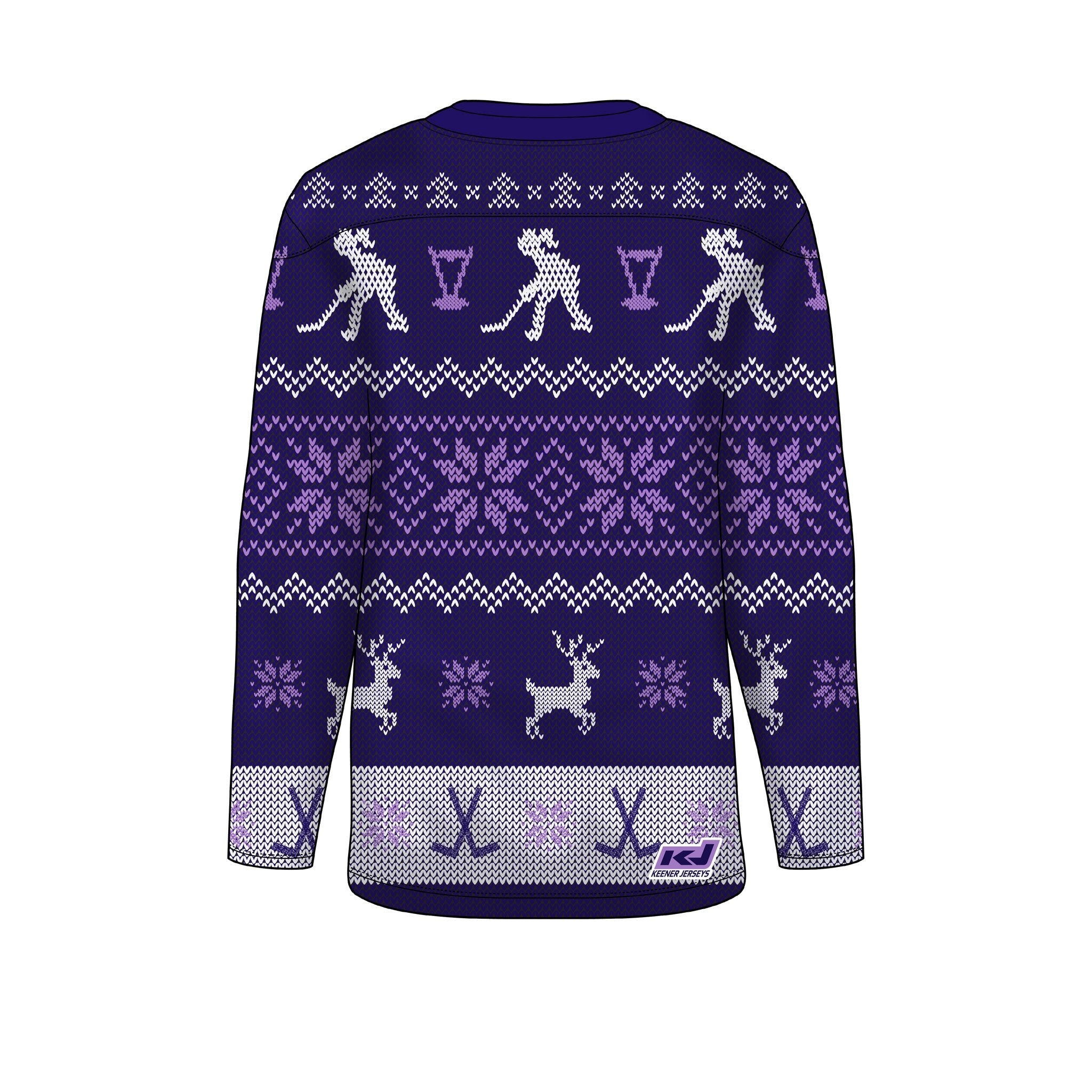 Purple sweater with white and light purple patterns on a white background