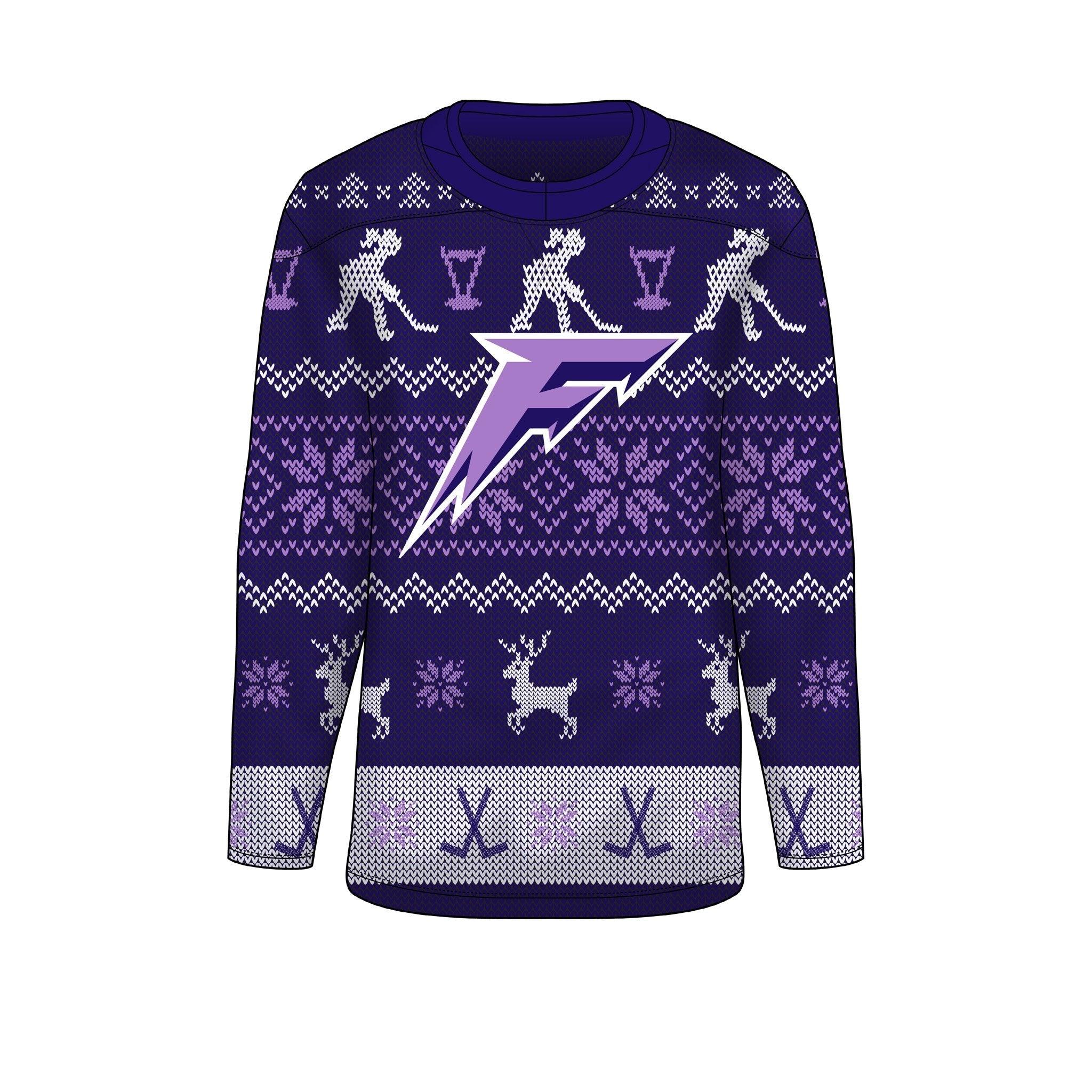 Purple sweater with a logo and winter pattern on a white background