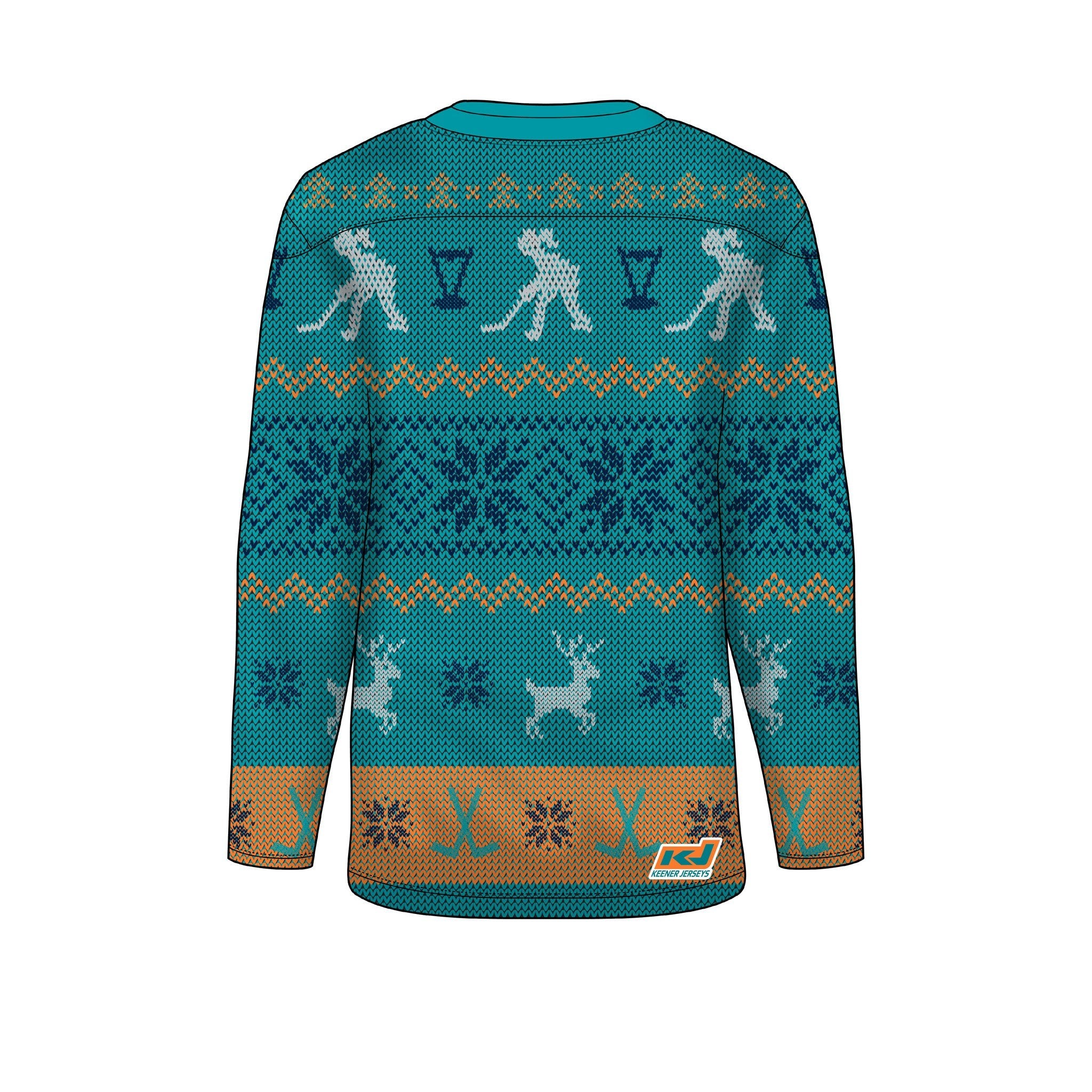Teal sweater with winter-themed pattern on a white background