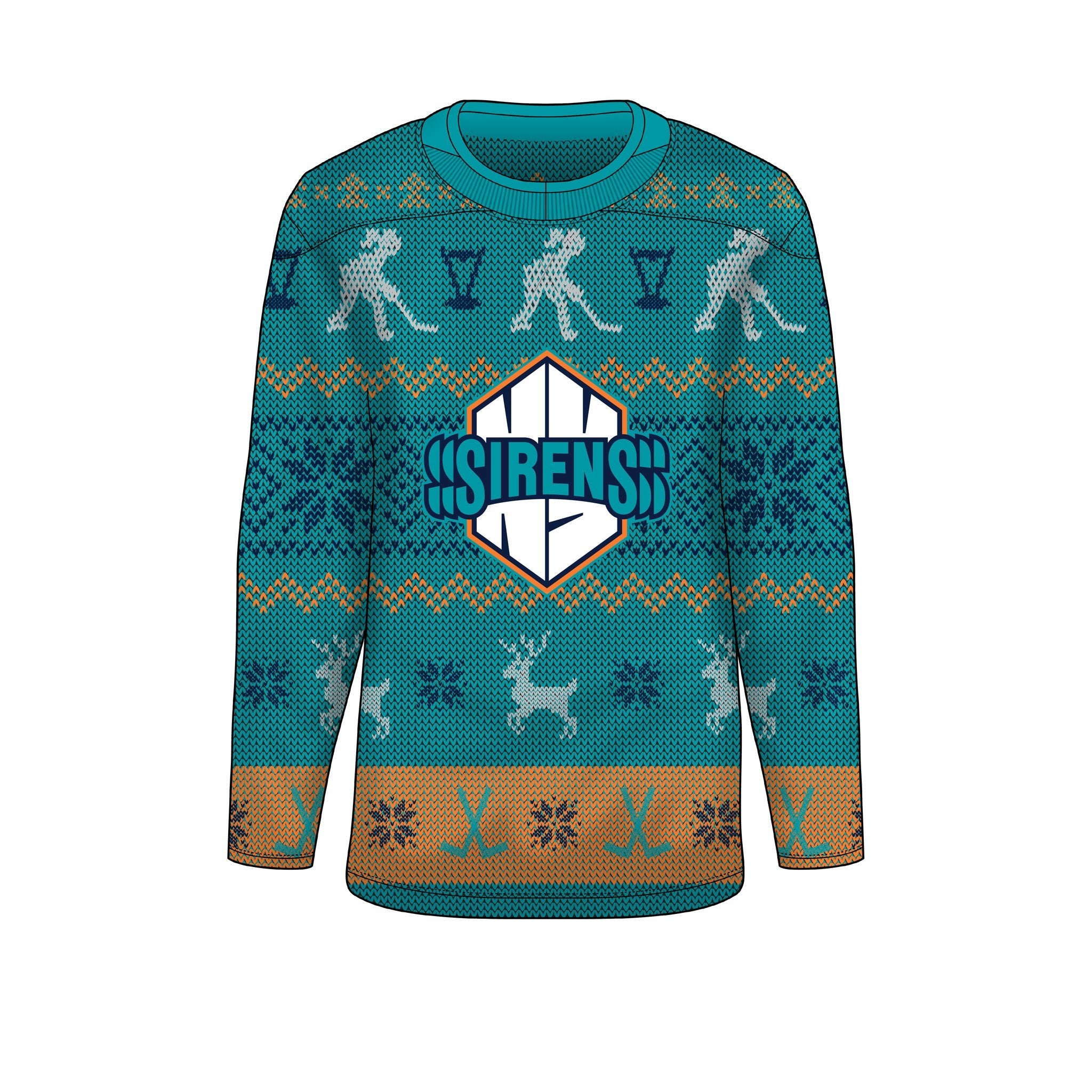 Teal sweater with geometric pattern and 'Sirens' logo on a white background