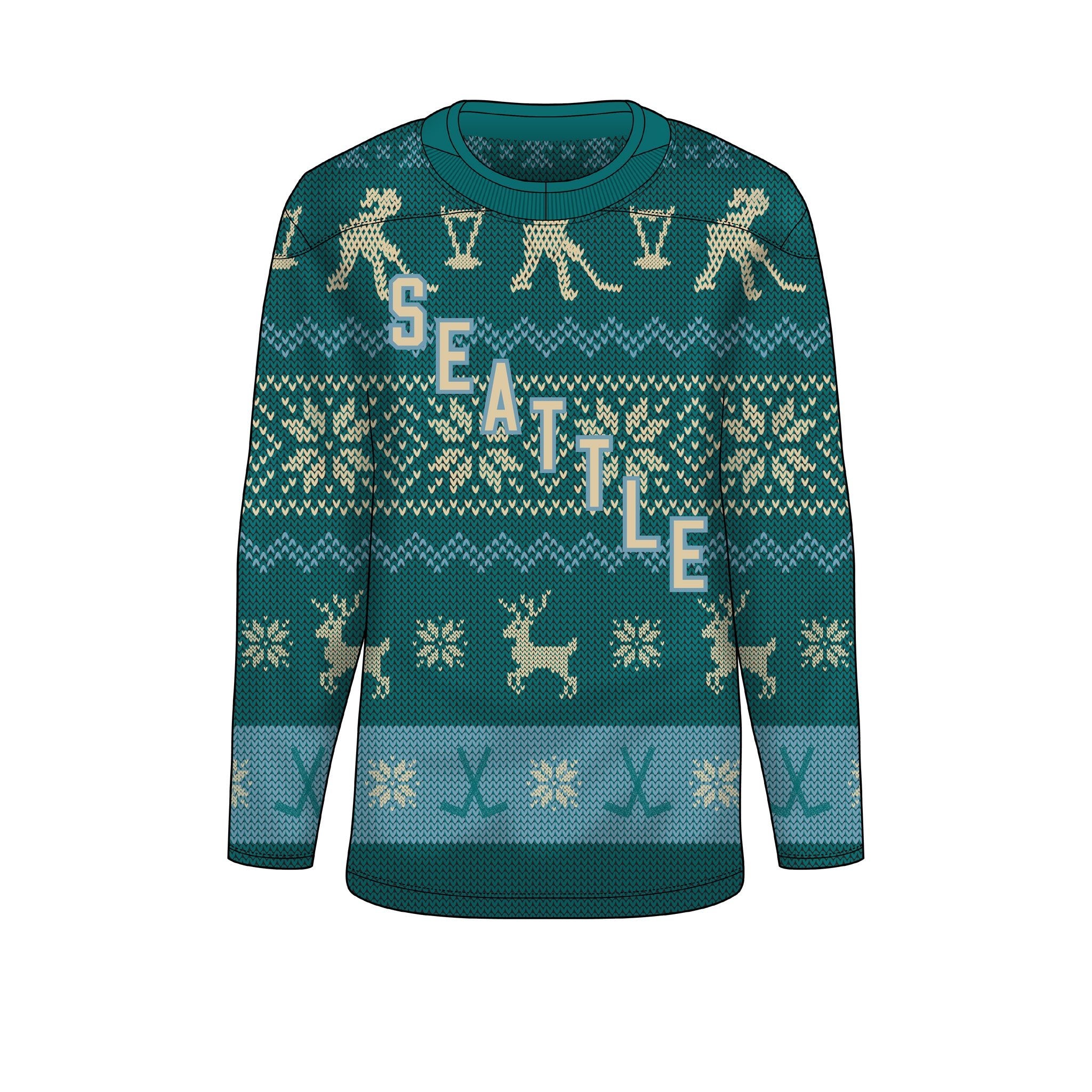 Teal sweater with 'Seattle' and winter-themed patterns on a white background