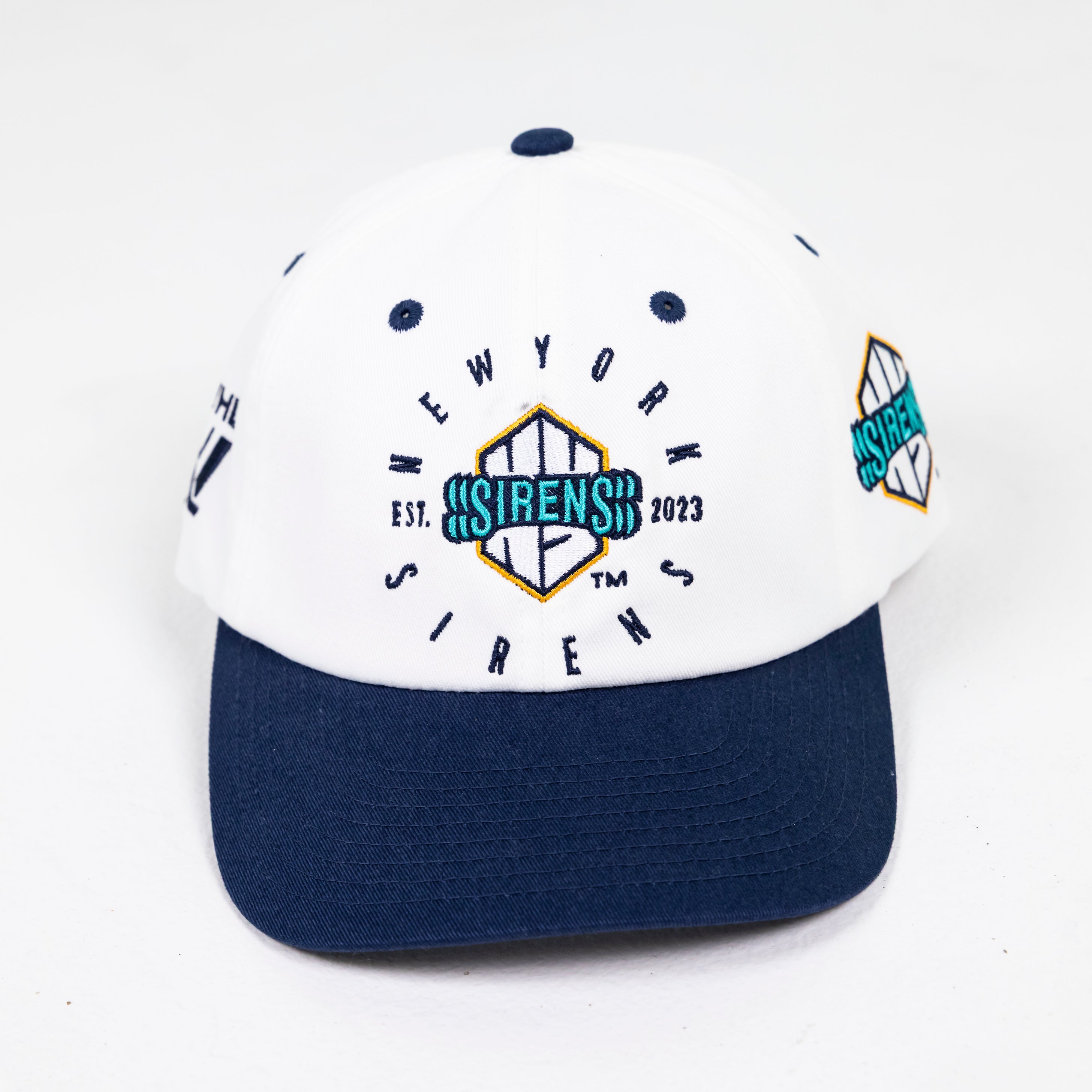 Baseball cap with 'New York Sirens' logo on a white background