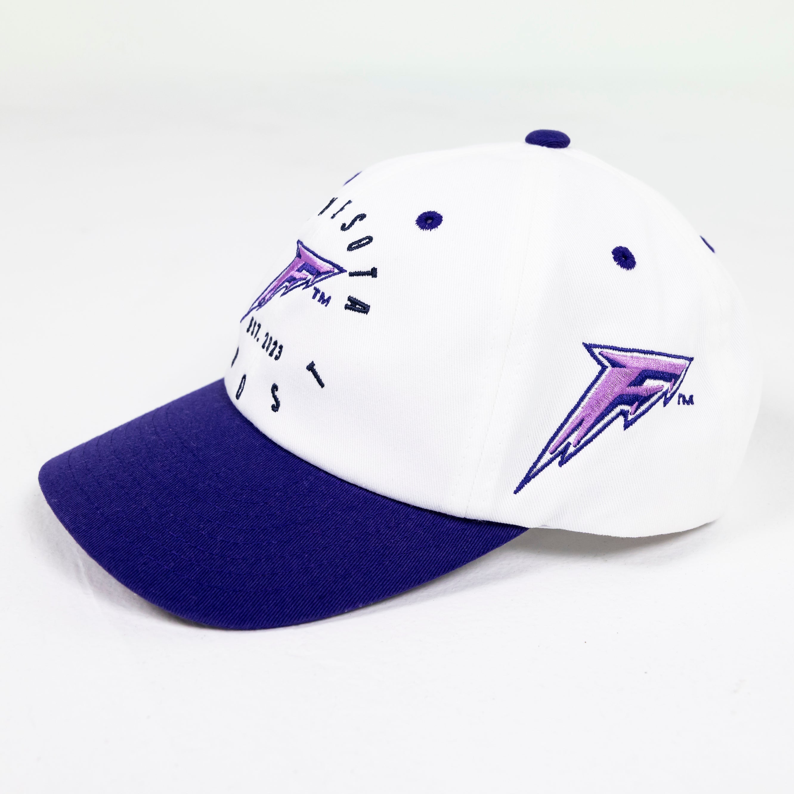 White and purple cap with branding on a white background