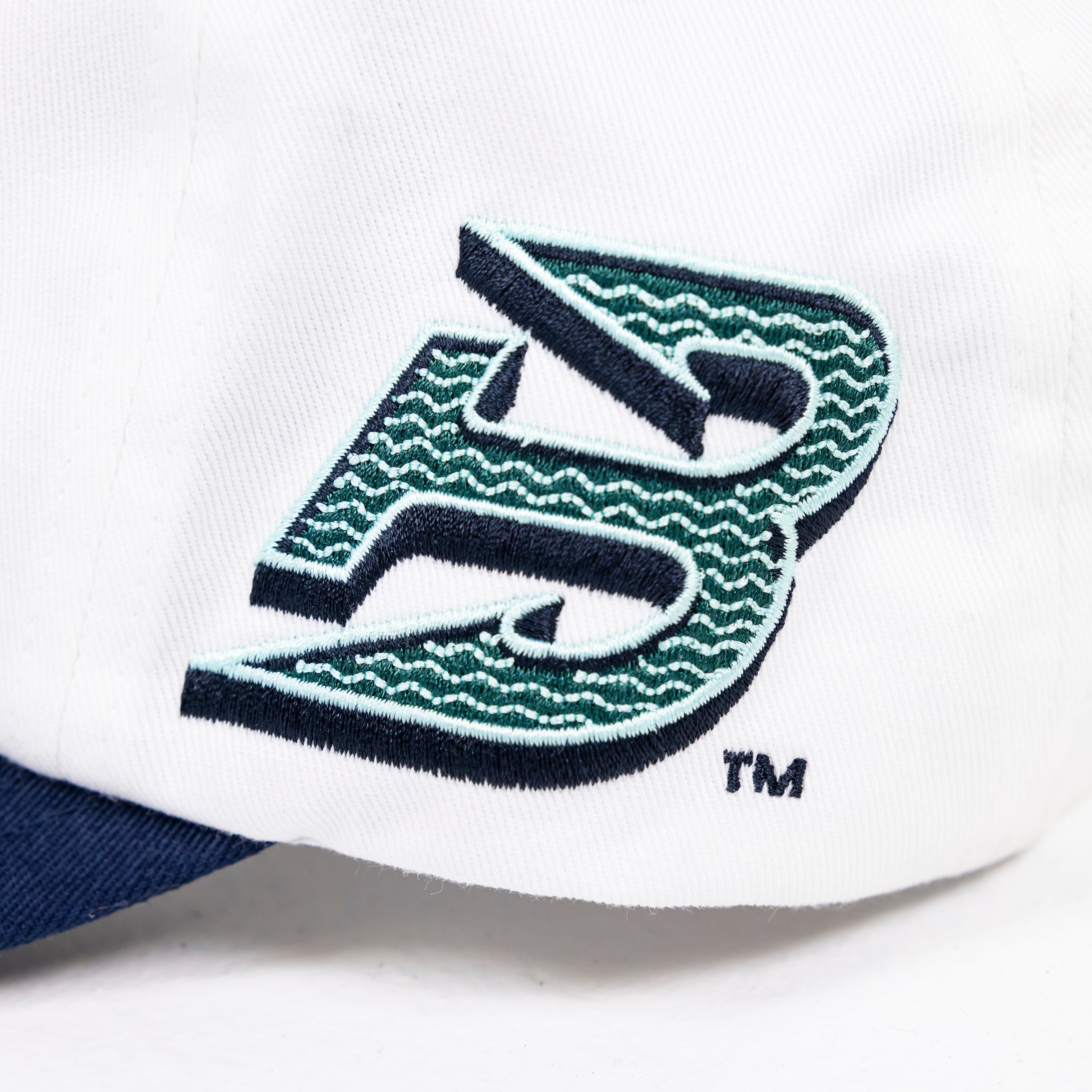 Close-up of a logo on a cap with a white background