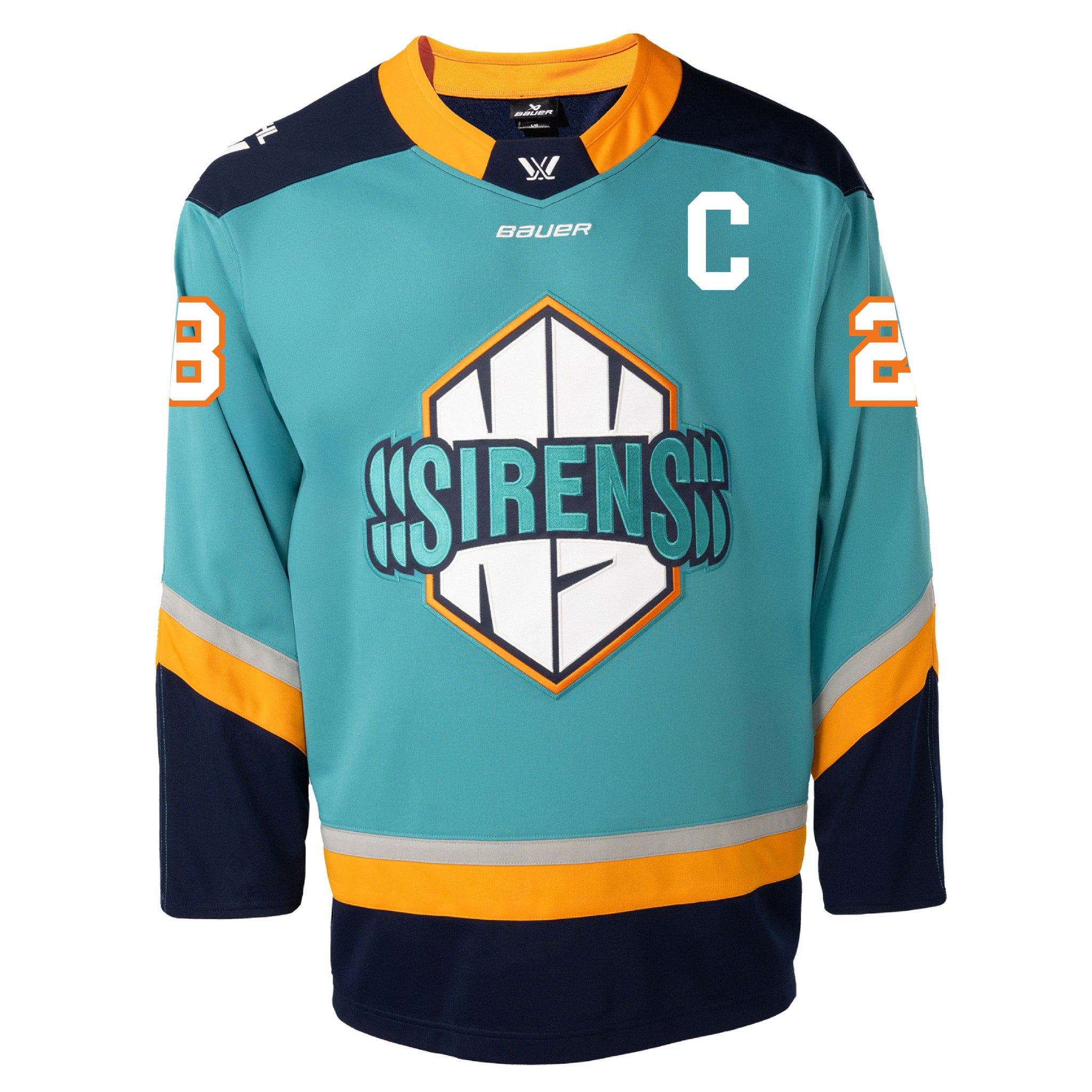 Teal hockey jersey with orange and navy accents, featuring a logo and text on a white background.