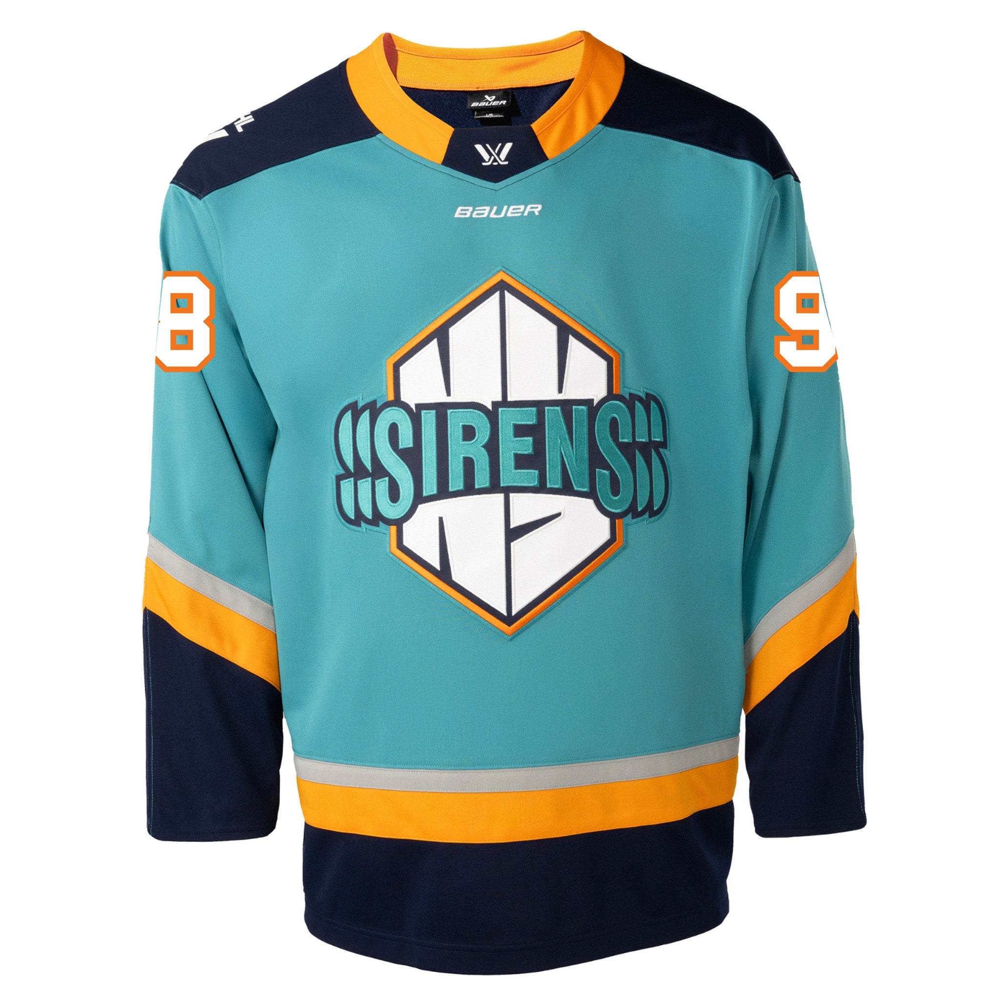 Teal hockey jersey with 'Sirens' logo and number '98', brand 'Bauer' visible.