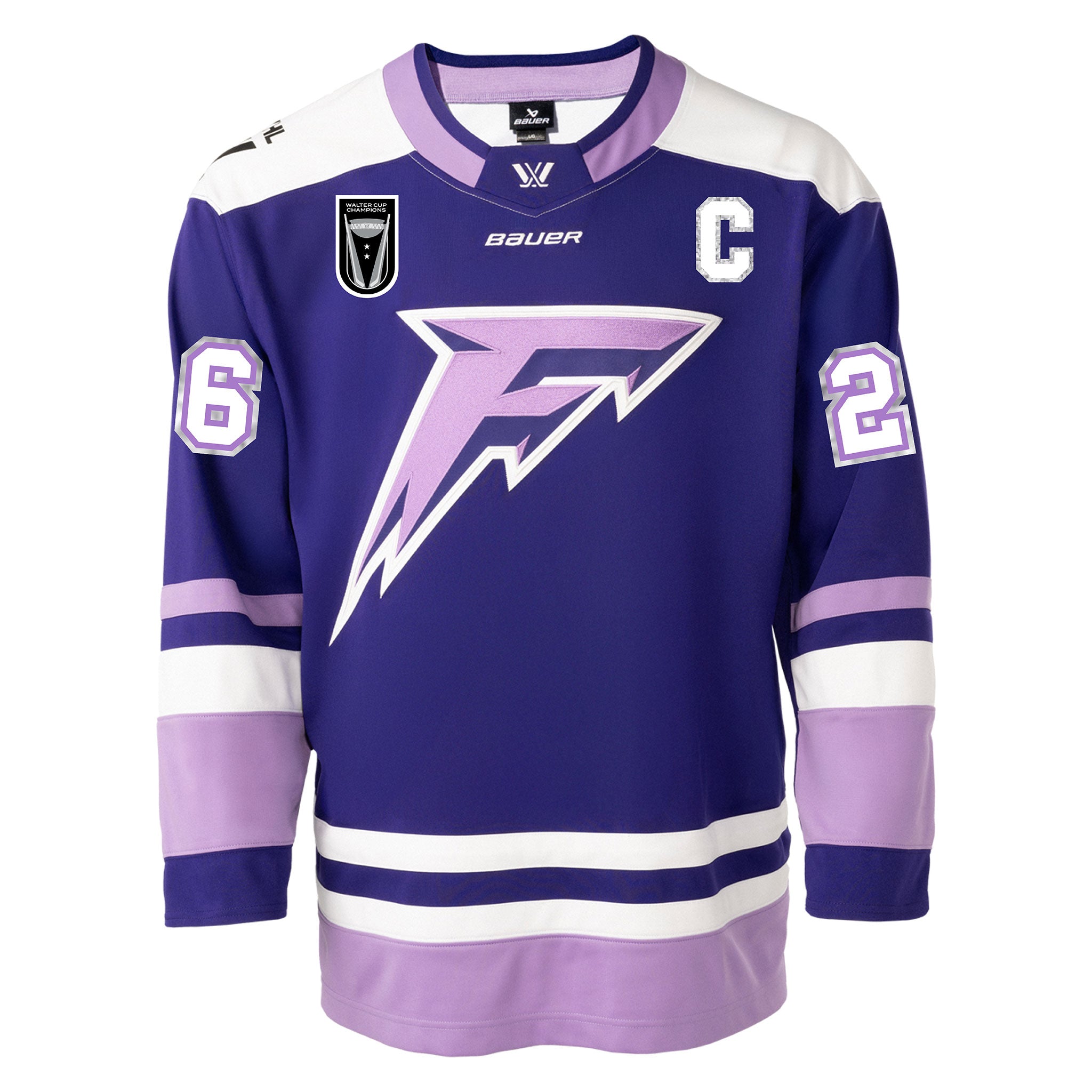 Purple hockey jersey with white and silver accents, featuring The Minnesota Frost logo and numbers on a white background.