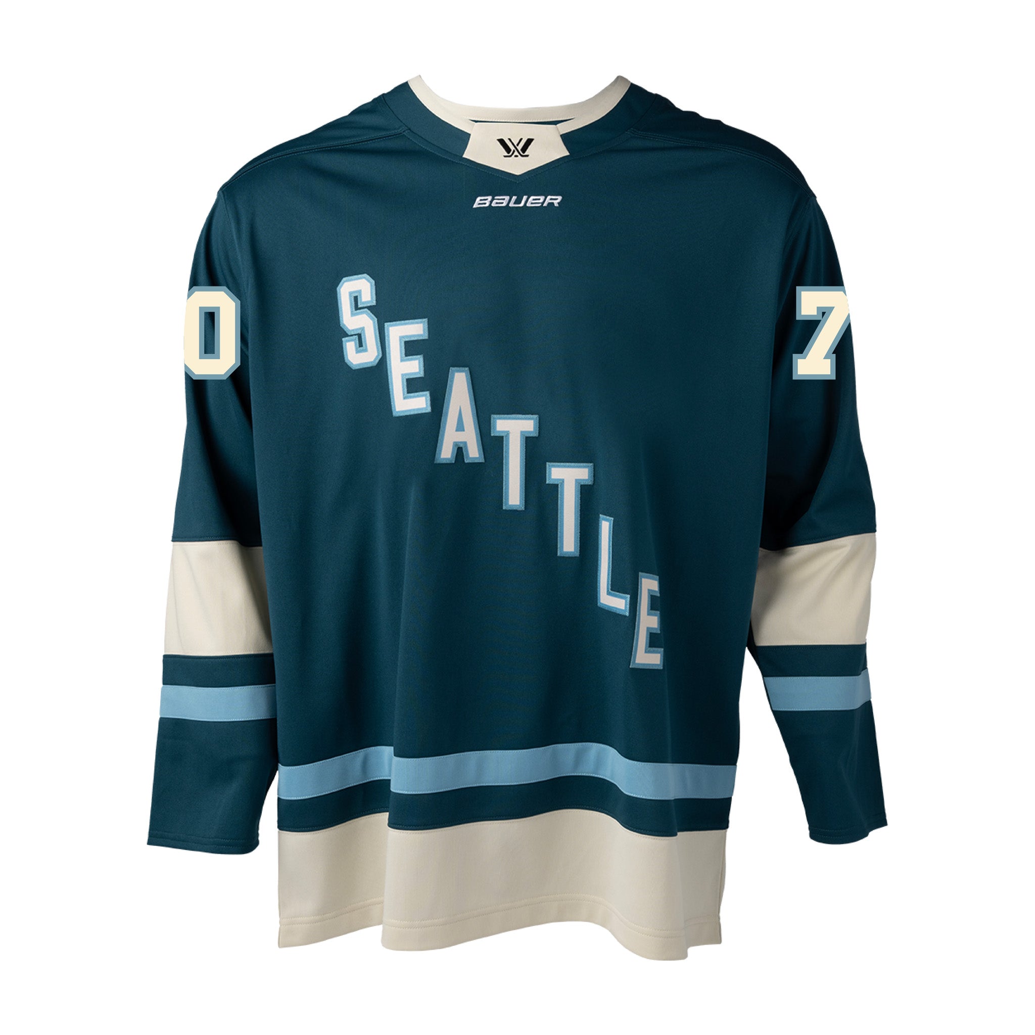 Hockey jersey with 'Seattle' and number '7' '0' on a white background