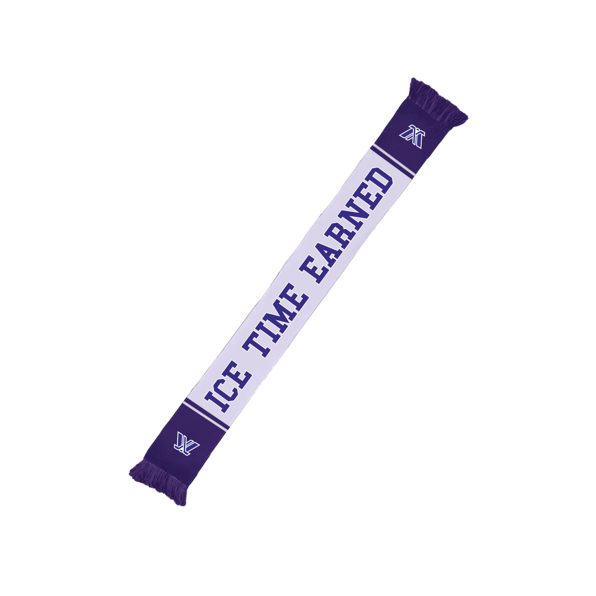 Scarf with 'ICE TIME EARNED' text on a white background