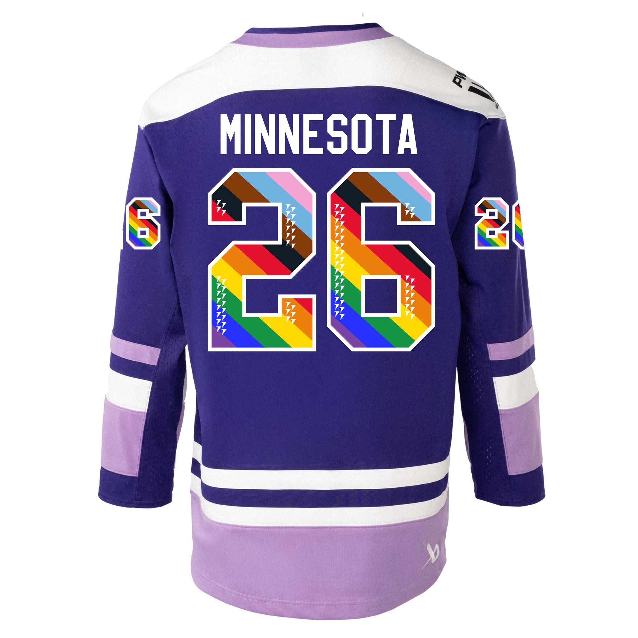Purple hockey jersey with rainbow numbers and 'Minnesota' text on a white background