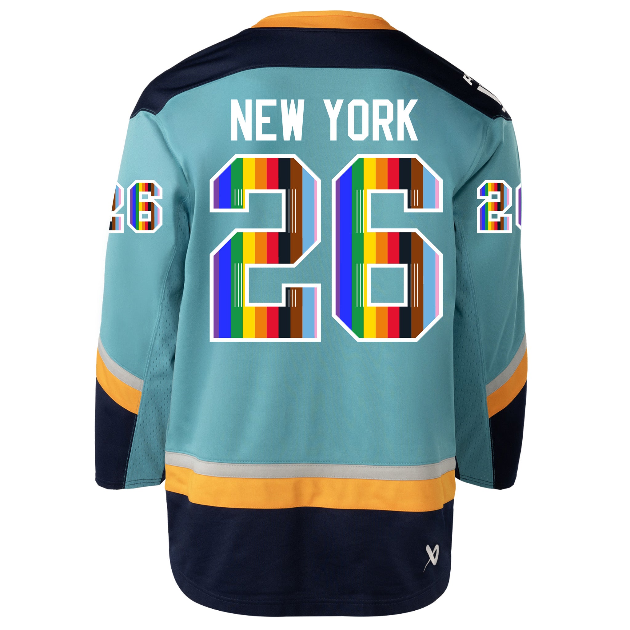 Hockey jersey with 'New York' and number '26' on a light blue background