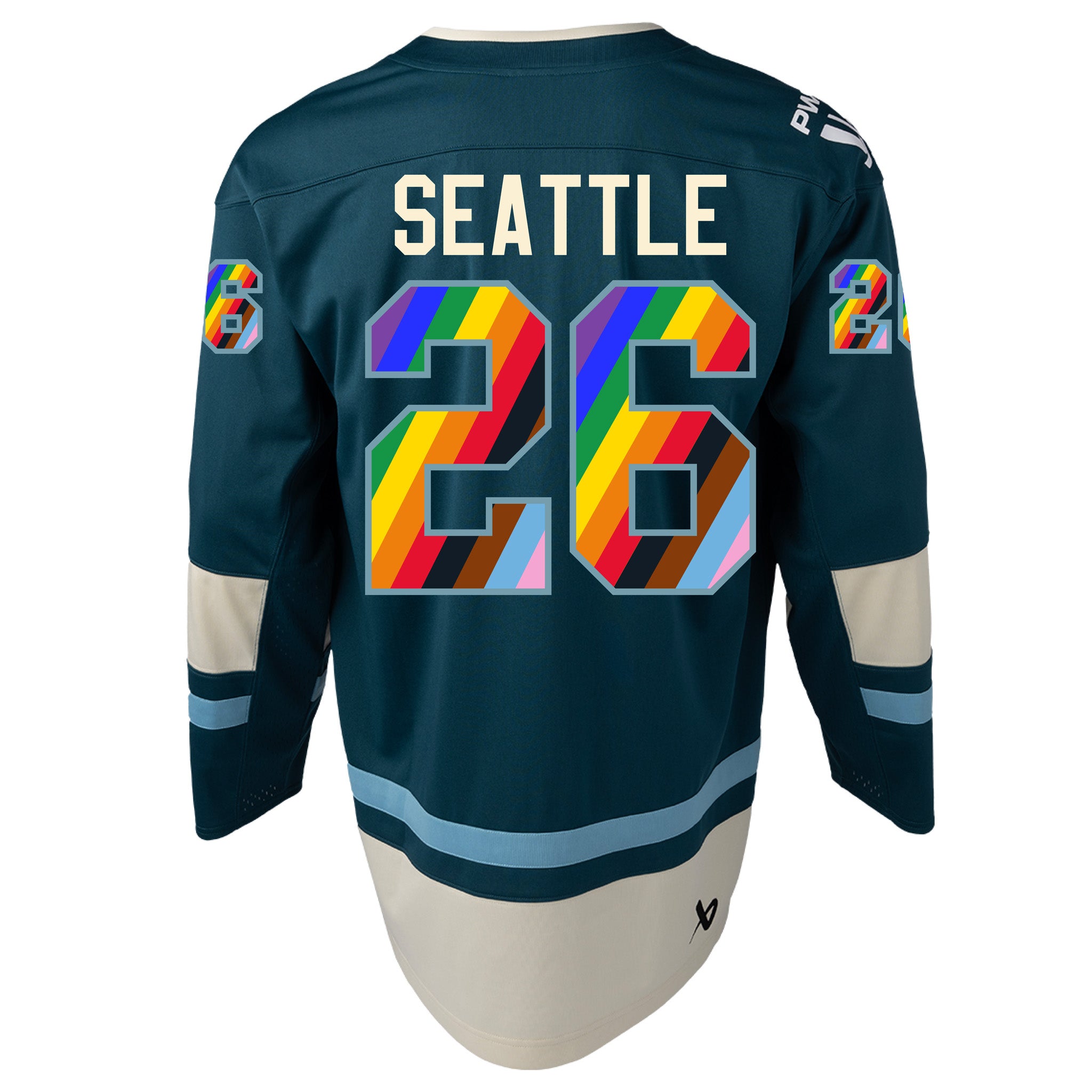 Dark blue sports jersey with 'Seattle' and number '26' on a white background