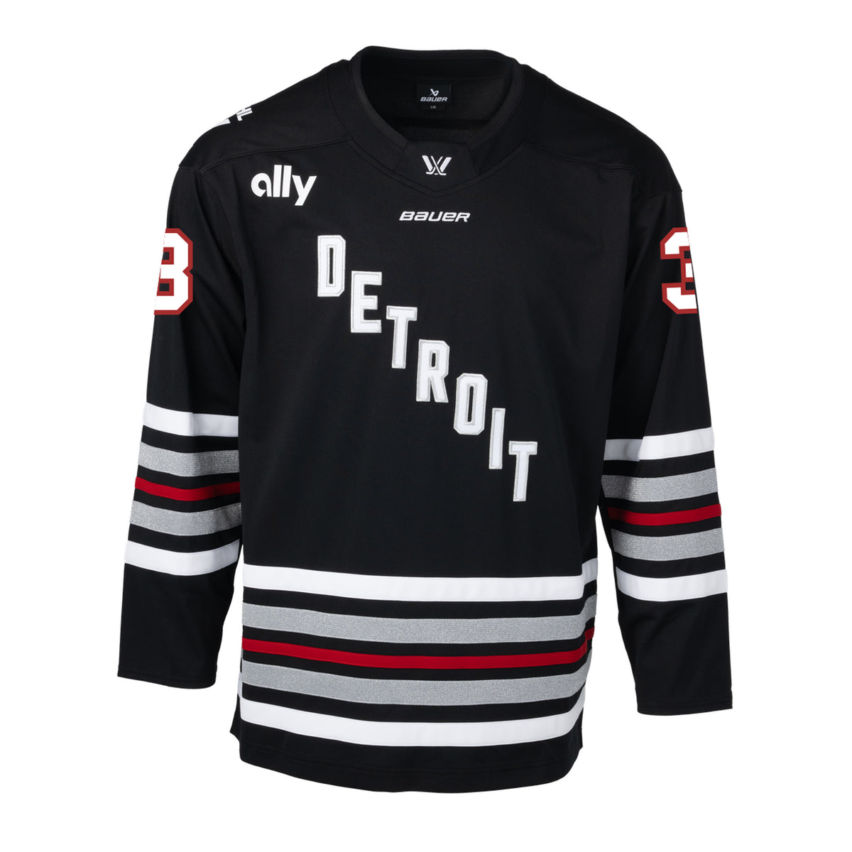 Front of a black jersey with red, white, and shimmering silver stripes on the sleeves and bottom hem. 'DETROIT' is in white with silver outlining diagonally across the chest. '3' is in white with red outlining on each sleeve. A white PWHL logo is on the front of the collar, a white Bauer logo below it, and a white Ally logo is on the right shoulder.