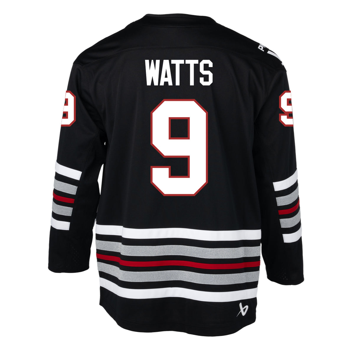 Back of a black jersey with red, white, and shimmering silver stripes on the sleeves and bottom hem. 'WATTS' is in white across the shoulder blades. '9' is in white with red outlining in the back and on each sleeve. A white PWHL logo is on the right shoulder and a white Bauer logo is above the bottom right hem. 