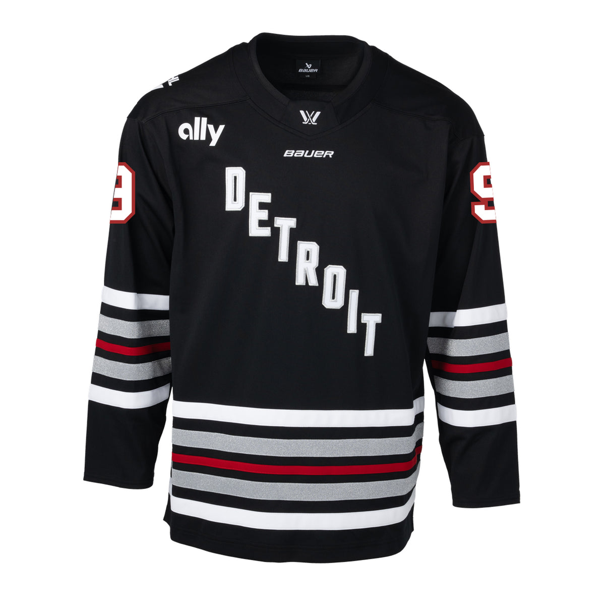 Front of a black jersey with red, white, and shimmering silver stripes on the sleeves and bottom hem. 'DETROIT' is in white with silver outlining diagonally across the chest. '9' is in white with red outlining on each sleeve. A white PWHL logo is on the front of the collar, a white Bauer logo below it, and a white Ally logo is on the right shoulder.