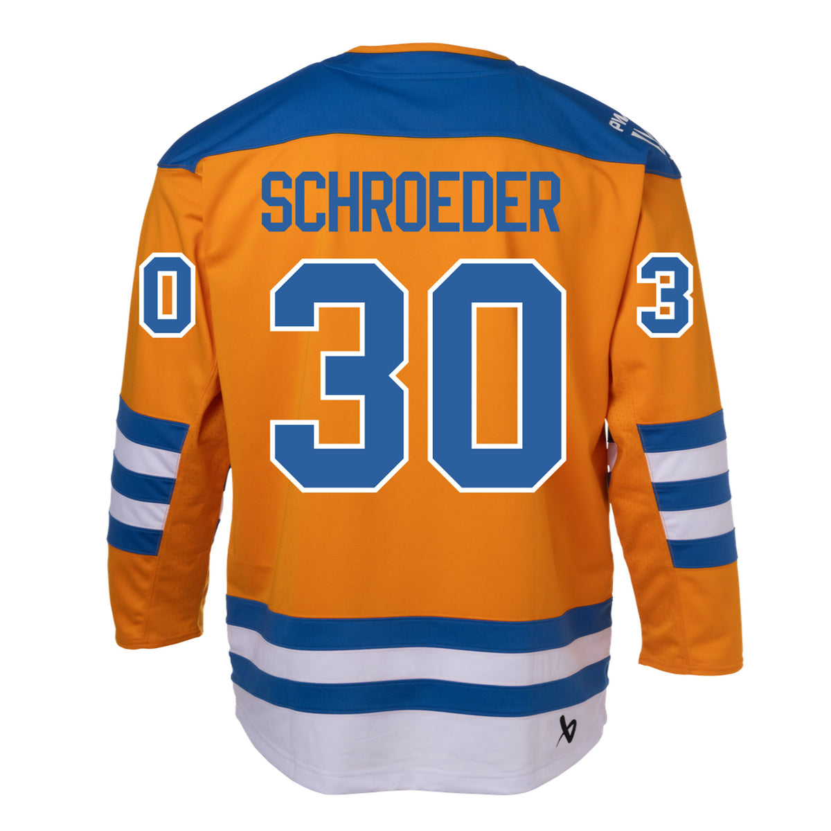 Back of an orange jersey with blue shoulder caps and blue and white stripes along the sleeves and bottom hem. 'SCHROEDER' is in blue across the shoulder blades with '30' in blue outlined in white on the back and sleeves. A white PWHL logo is on the right shoulder and a black Bauer logo is above the bottom right hem. 