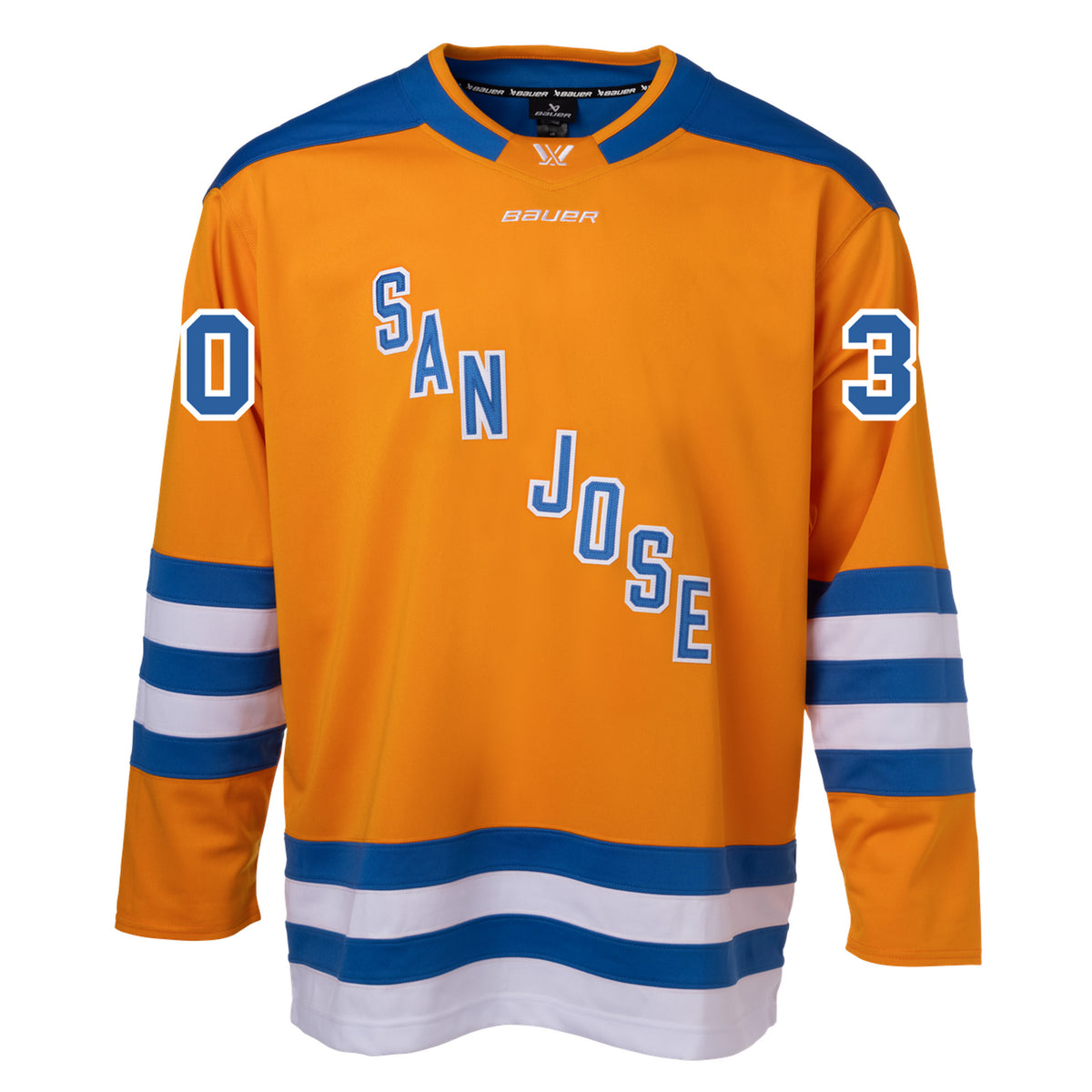Front of an orange jersey with blue shoulder caps and blue and white stripes along the sleeves and bottom hem. In blue with white outlining is 'SAN JOSE' diagonally across the chest and '30' on each sleeve. The collar is blue with orange trim and color blocking on the front to showcase a white PWHL logo and a white Bauer logo below it. 