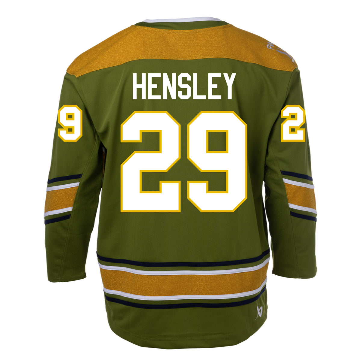Back of a green jersey with sparkling gold shoulder caps and stripes along the sleeves and bottom hem surrounded by white and black stripes. 'HENSLEY' is in white across the shoulder blades. Below it in white outlined in gold reads '29' on the back and on each sleeve. The collar is green with white trim on top. A white PWHL logo is on the right shoulder and a Bauer logo is above the bottom right hem.
