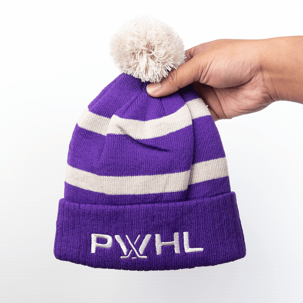 Delta Phi Epsilon Sorority Pom Pom Beanie Hat - Purple Knit Hat With Faux Leather Patch