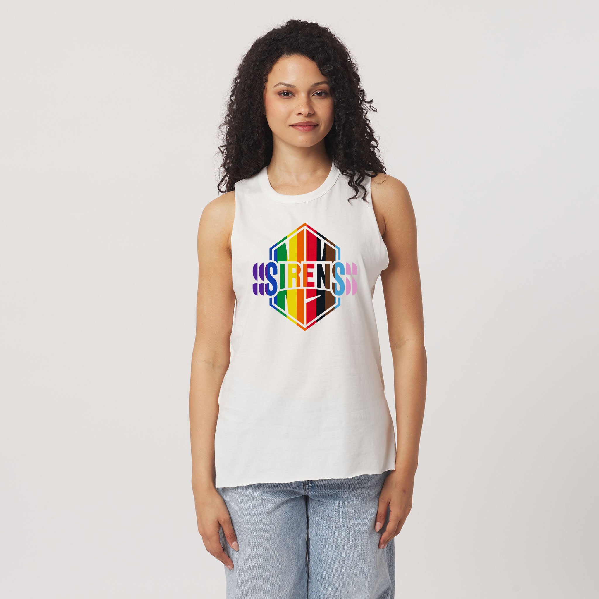 Woman wearing a white sleeveless shirt with a colorful logo on a plain background