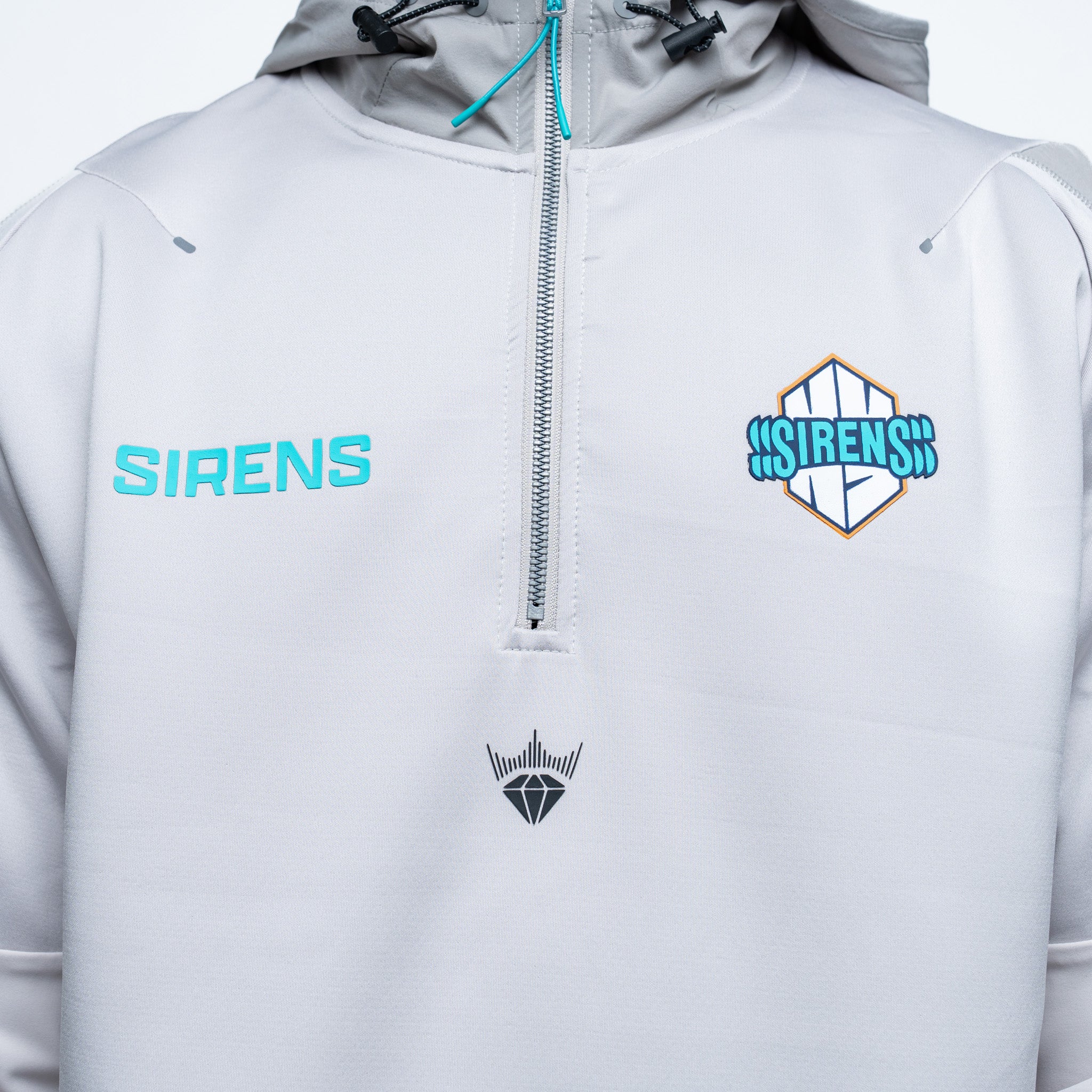 Light gray jacket with 'SIRENS' branding on a white background