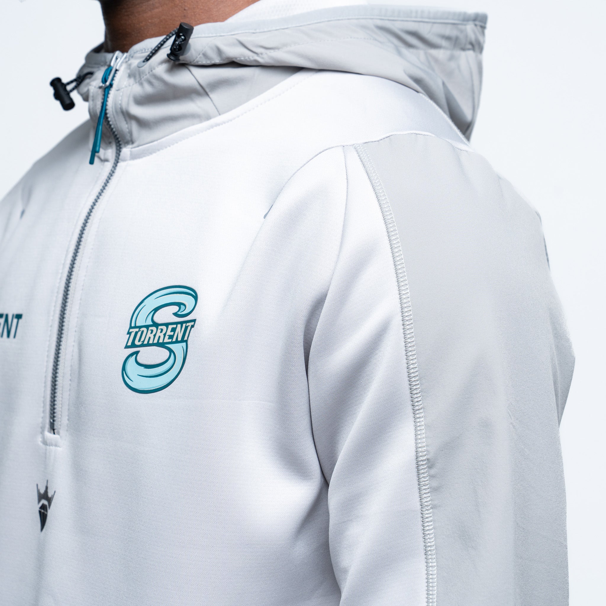 Athletic jacket with a blue logo on a white background