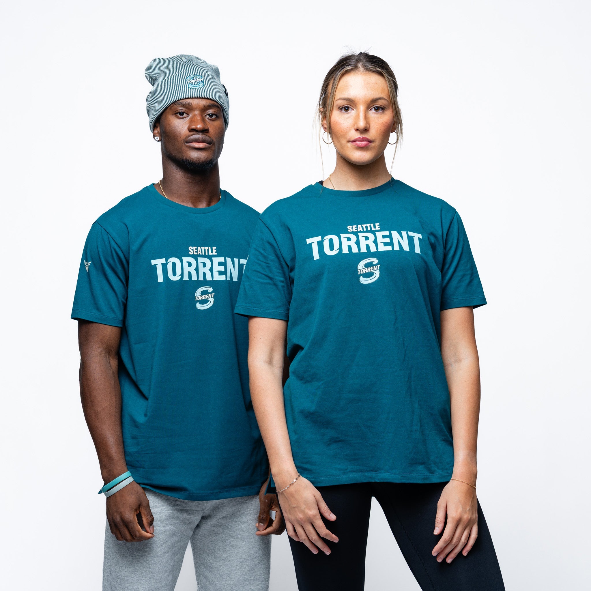 Man and woman wearing the green Person wearing green Adult Seattle Torrent Royalty Local Sideline T-Shirt