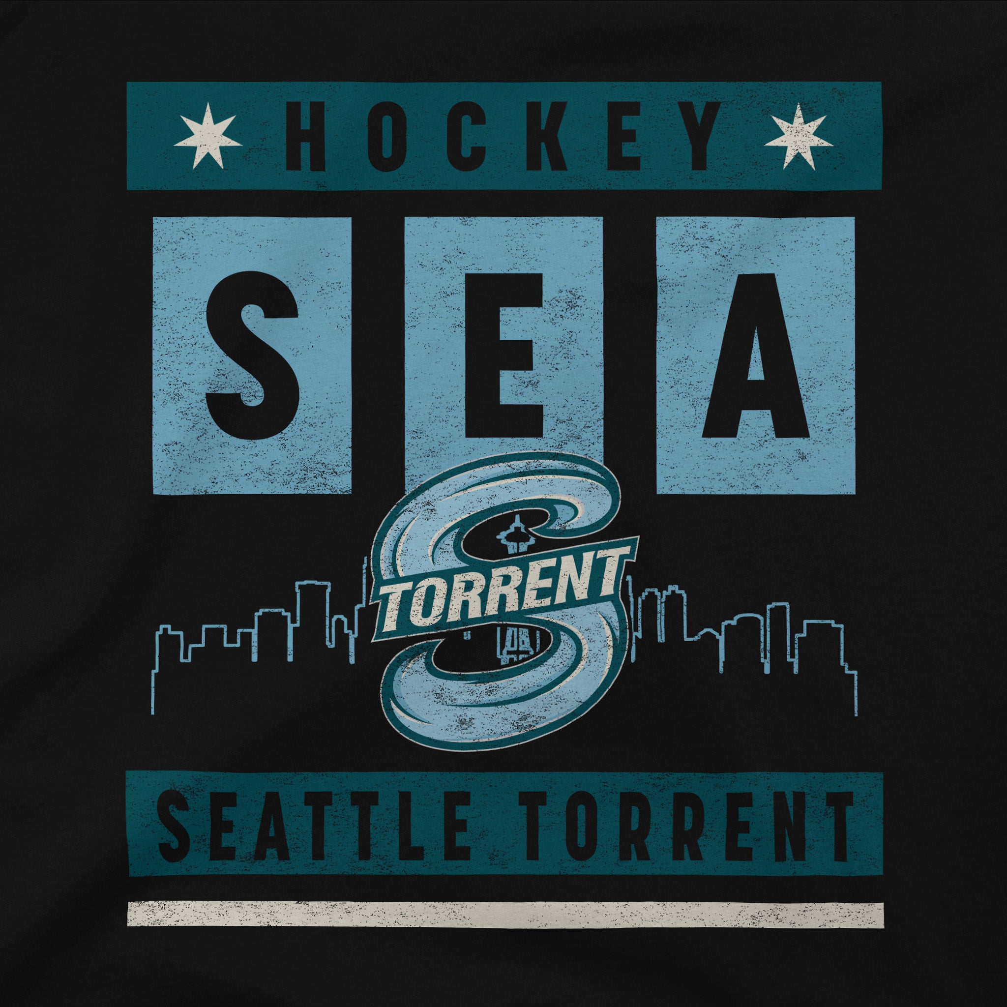 Close up of the Seattle Torrent graphic on the back of the black Adult Seattle Torrent Stadium Essentials Big Shot Urban T-Shirt