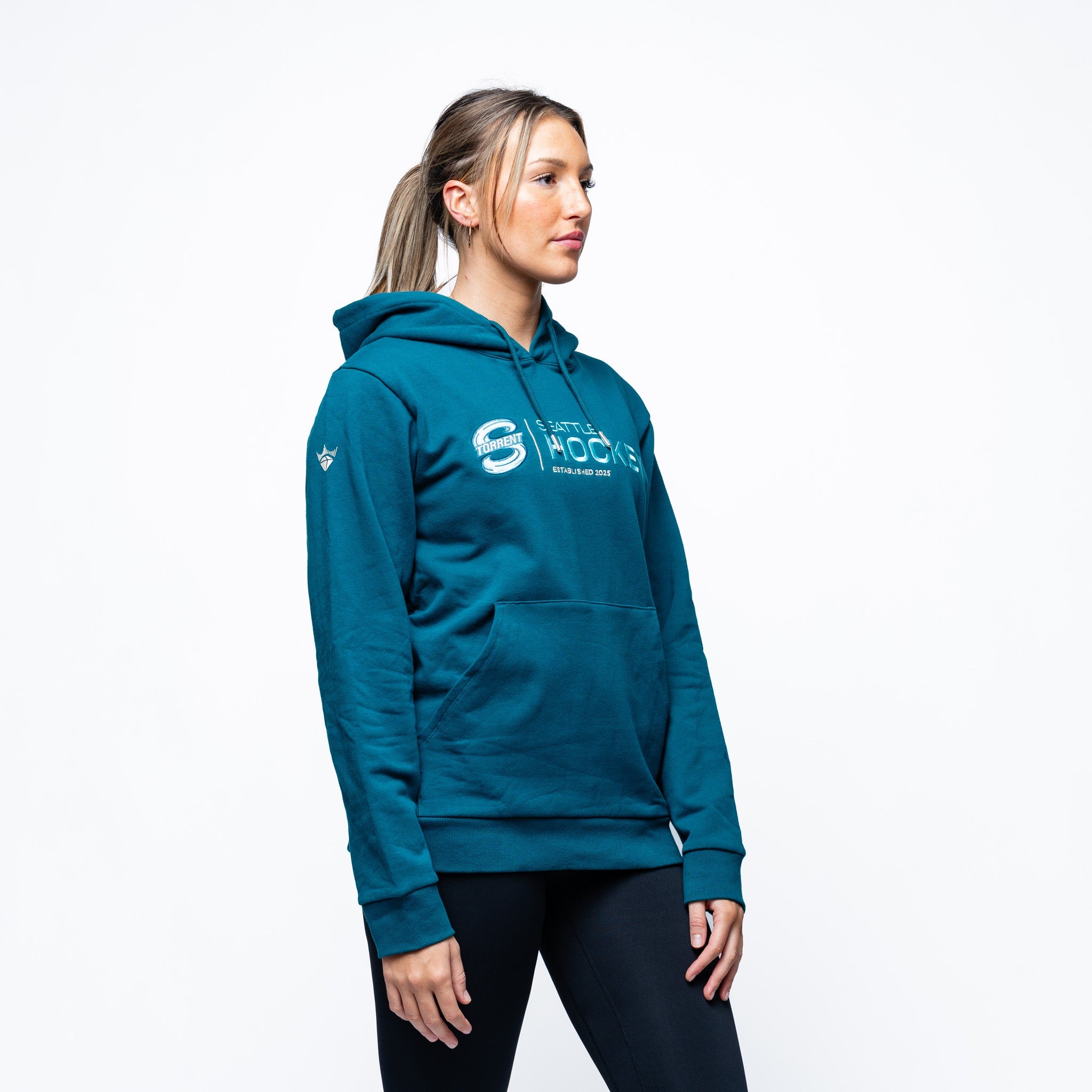 Woman wearing green Adult Seattle Torrent Royalty Citymark Cloud Hoodie side angle