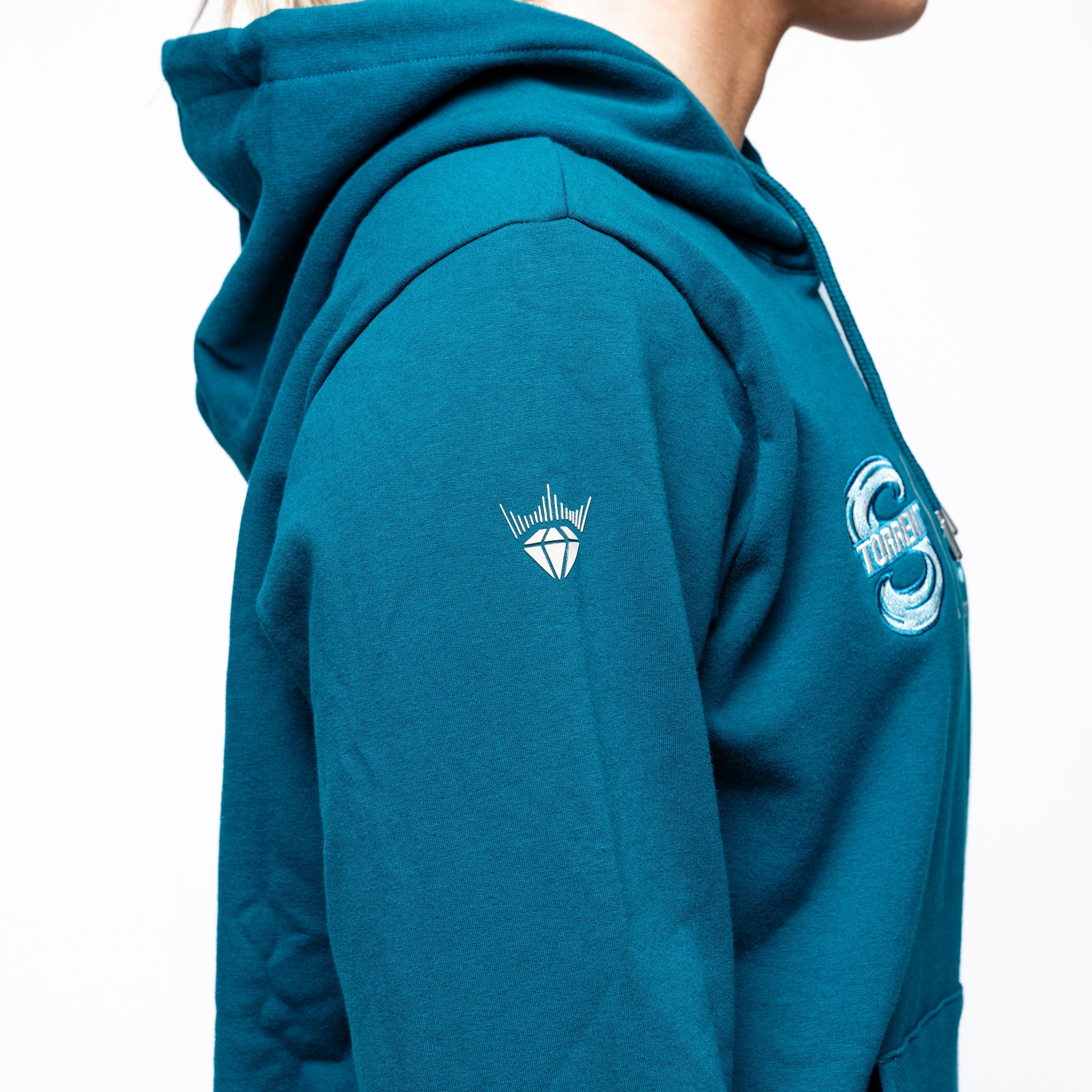 close up of the arm of the green Adult Seattle Torrent Royalty Citymark Cloud Hoodie