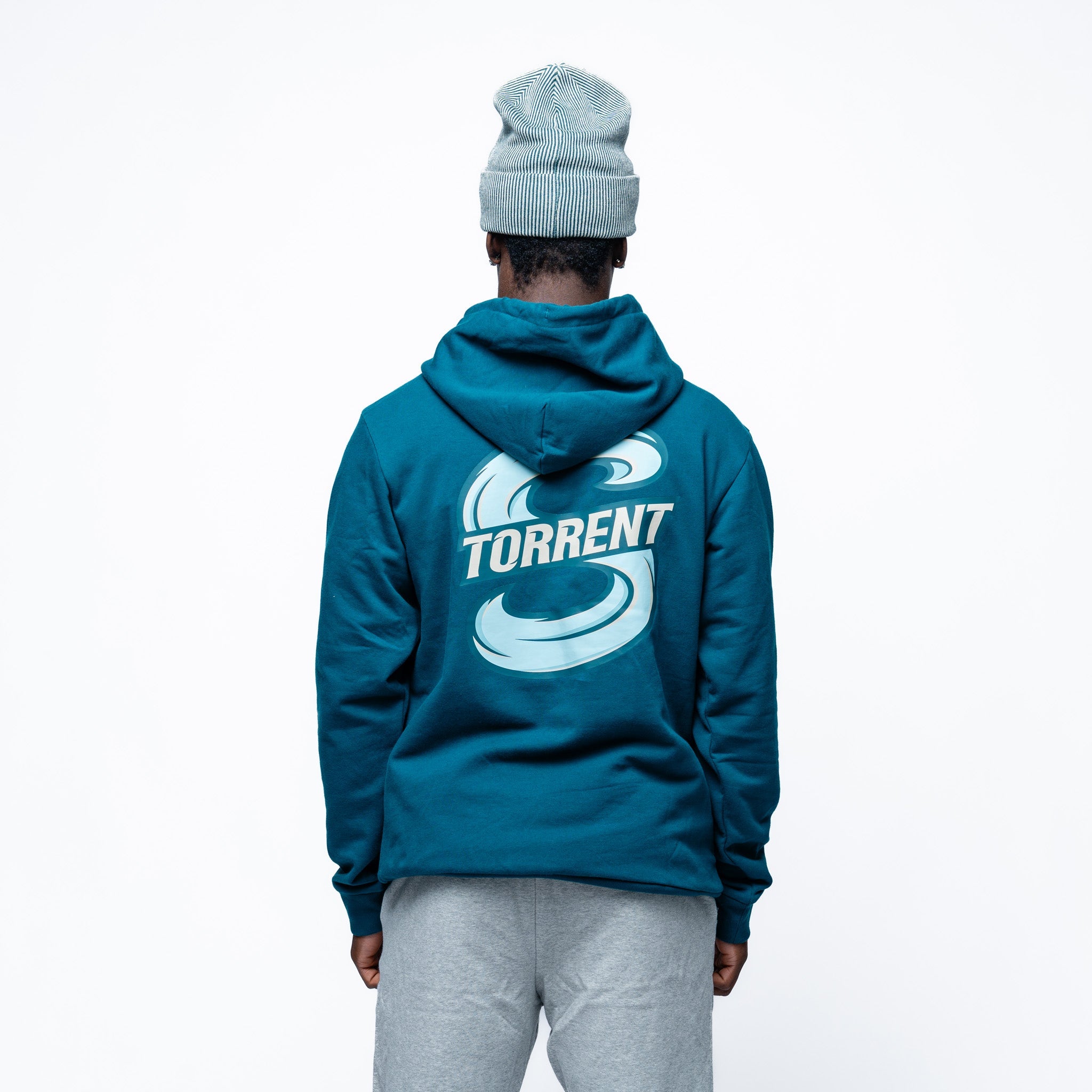 Back angle of the Seattle Torrent logo on the green Adult Seattle Torrent Royalty Heritage Cloud Hoodie