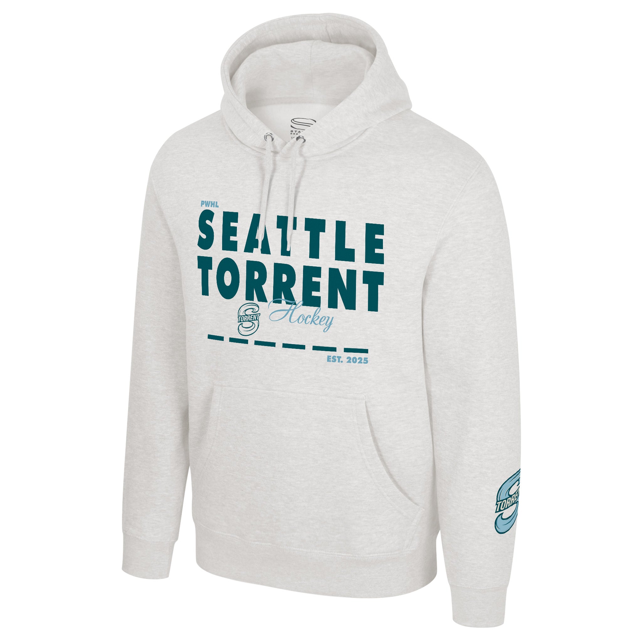 White hoodie with 'Seattle Torrent Hockey' text on a white background