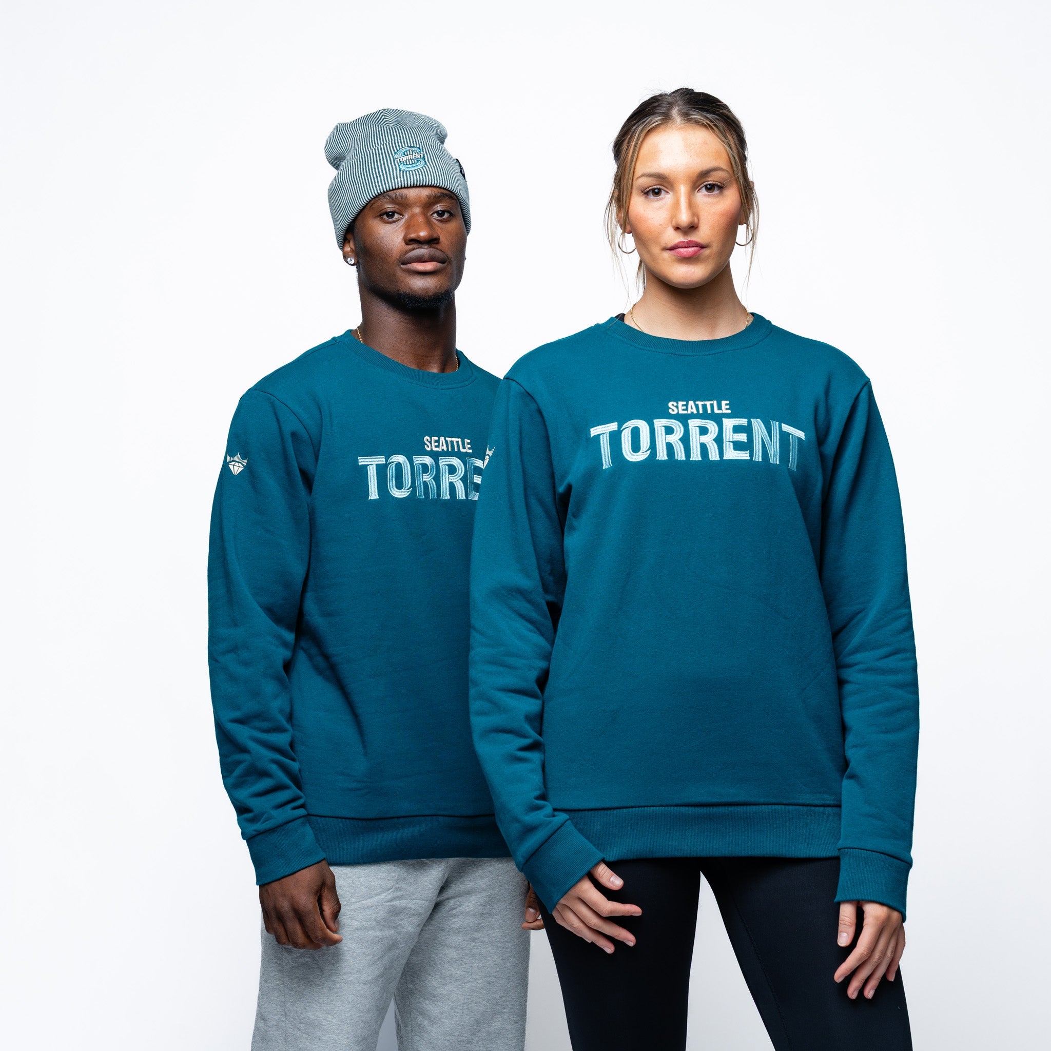 Man and woman wearing green Adult Seattle Torrent Royalty Standard Cloud Crew back angle