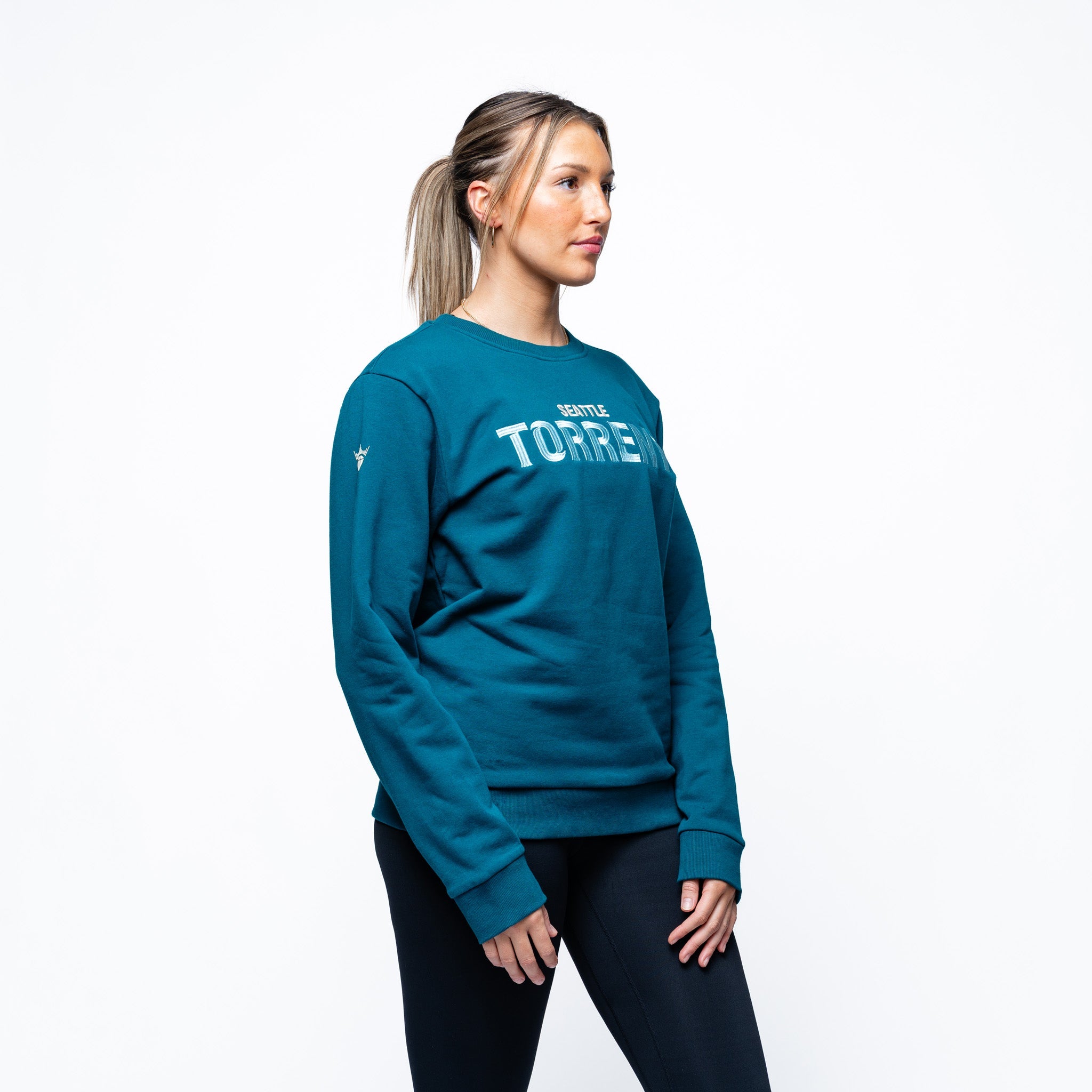 Woman wearing Adult Seattle Torrent Royalty Standard Cloud Crew side angle