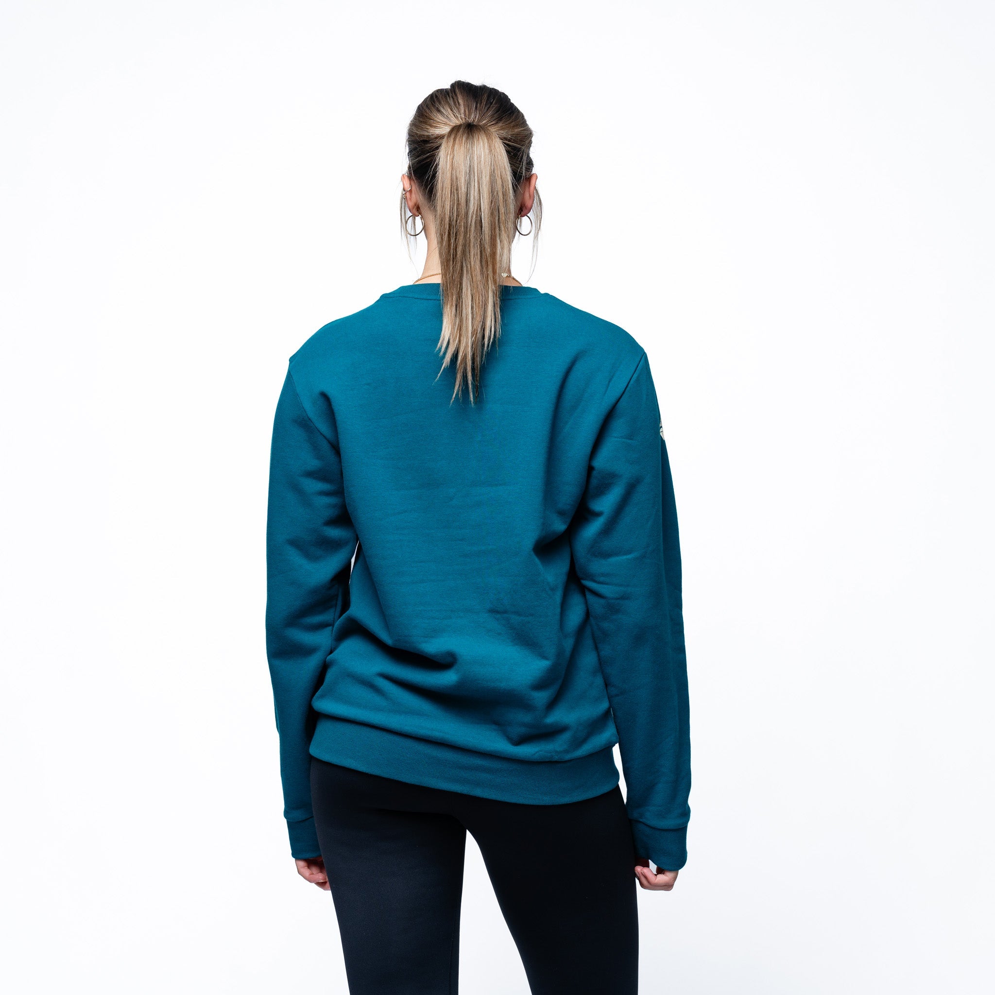 woman wearing green Adult Seattle Torrent Royalty Standard Cloud Crew back angle