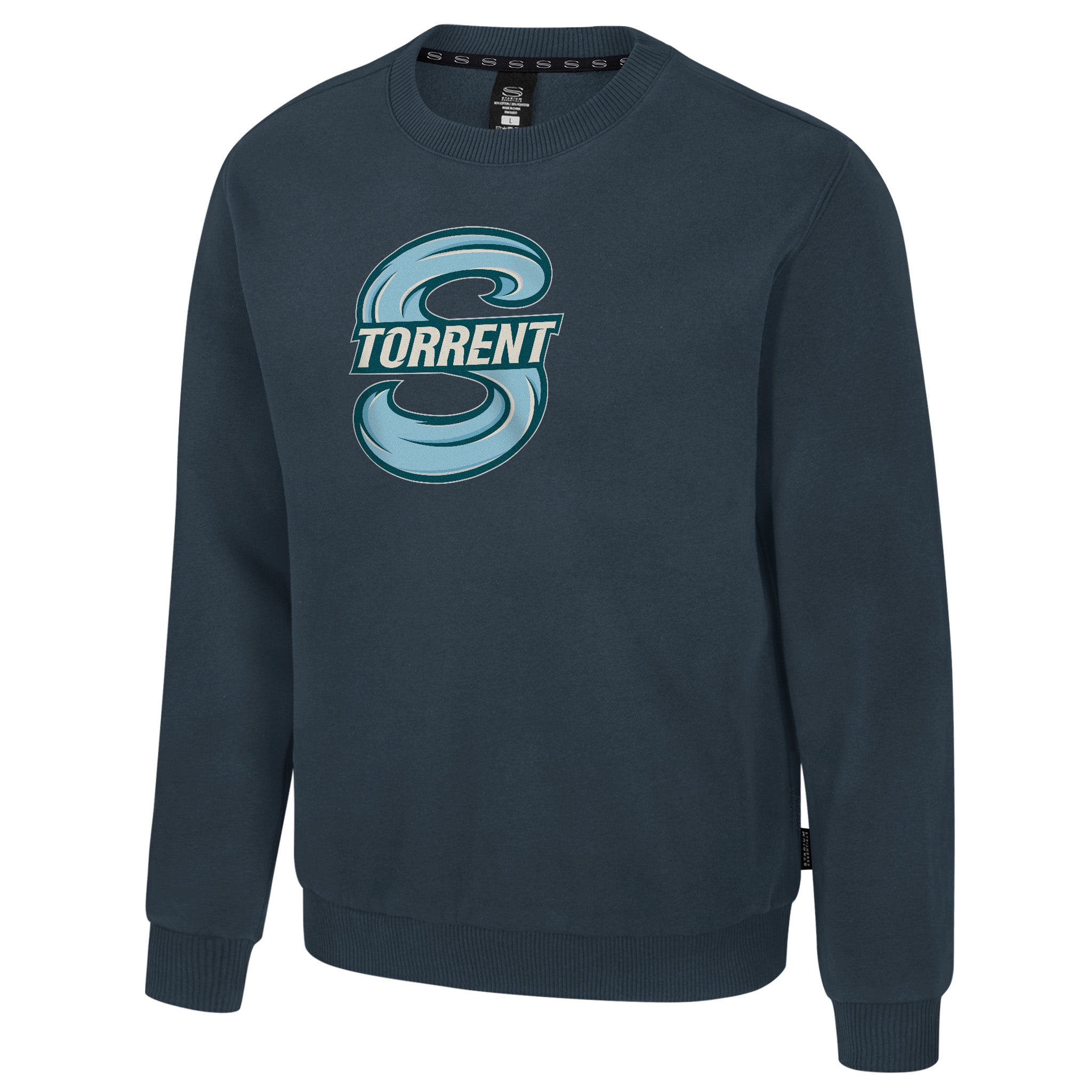 The front of the charcoal Adult Seattle Torrent Stadium Essentials Club Level Fleece Crewneck Sweater