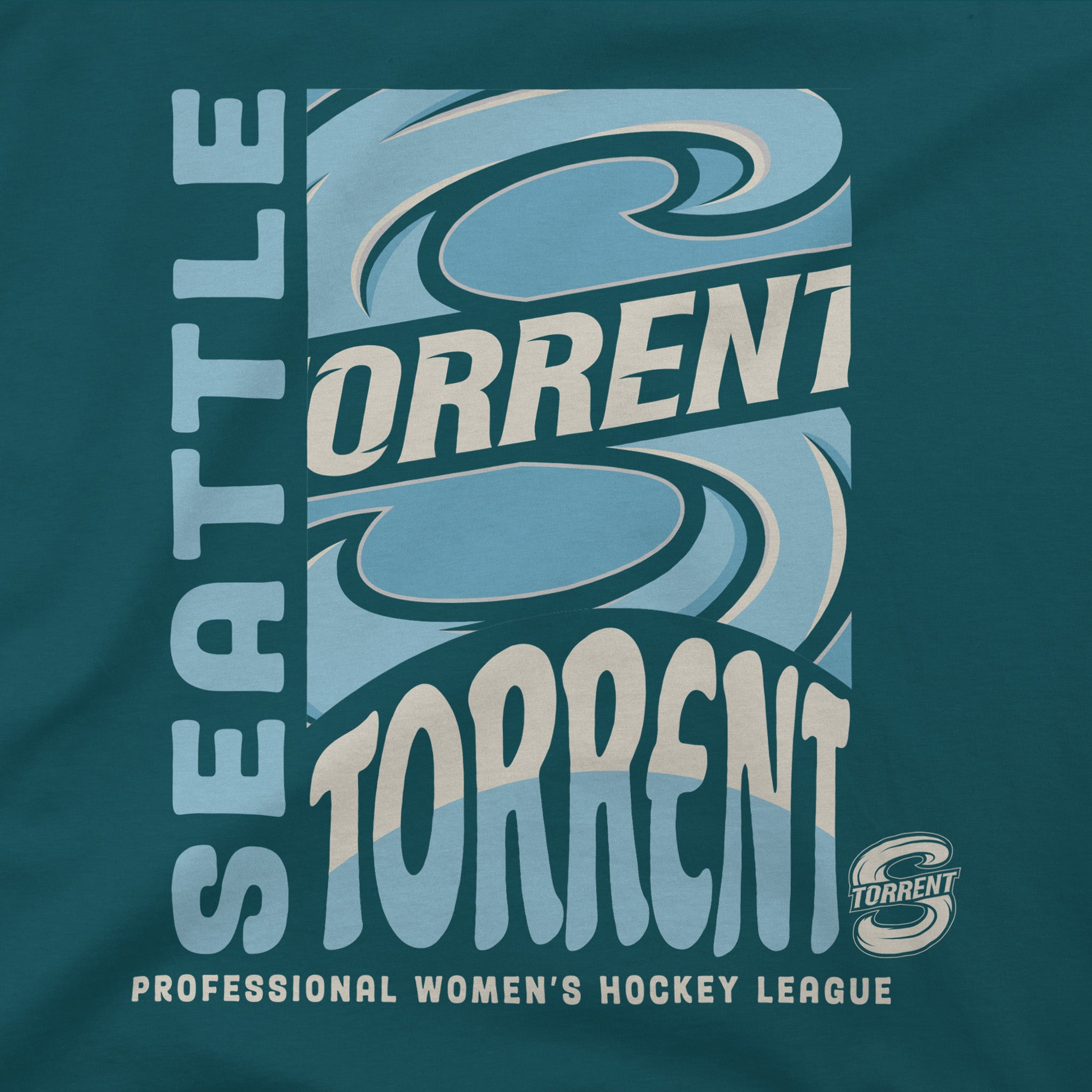 Close up of the Seattle Torrent graphic on the green Youth Seattle Torrent Stadium Essentials Pop Up T-Shirt