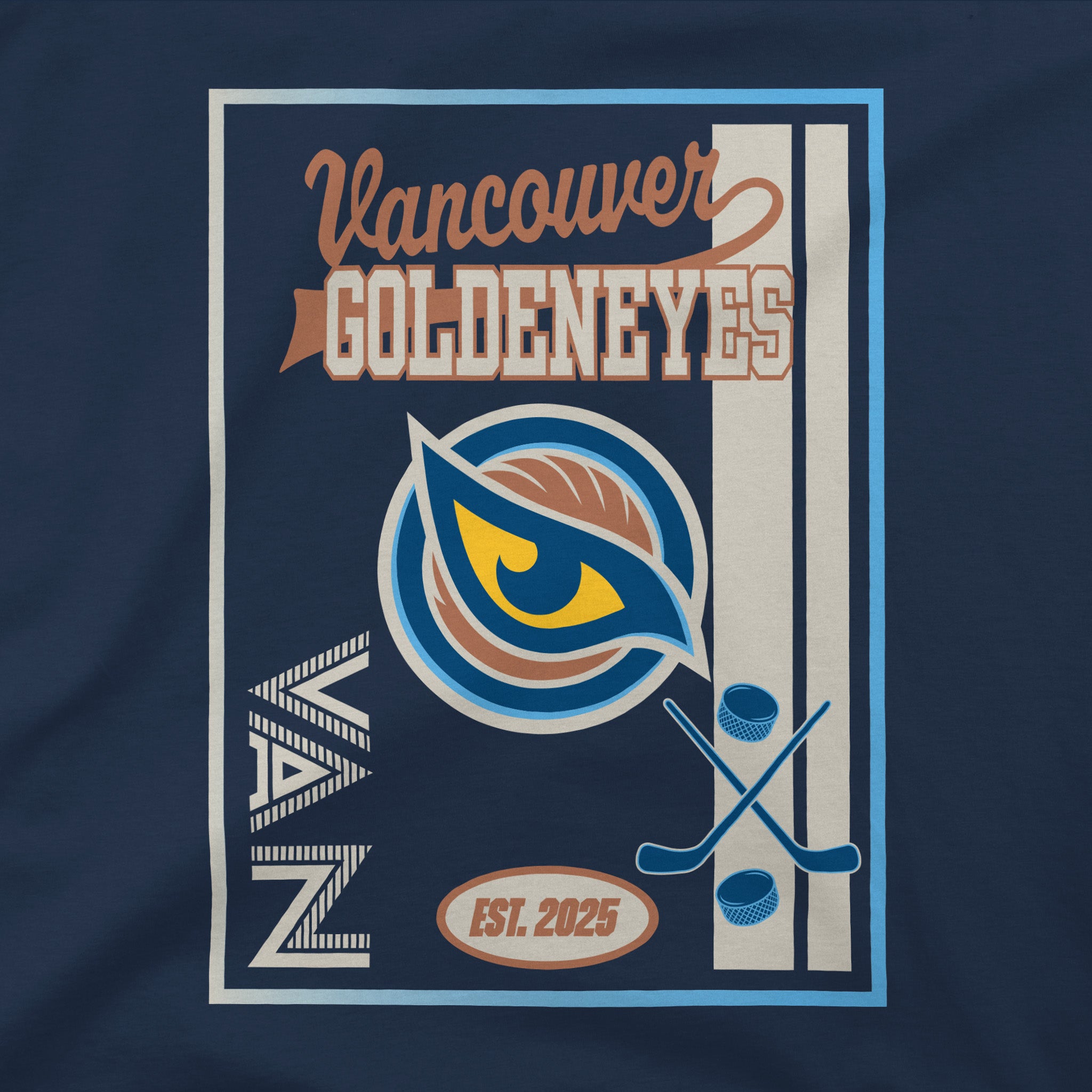 close up of the graphic image of the Vancouver Goldeneyes on the Youth Vancouver Goldeneyes Stadium Essentials Jumbo Hoodie