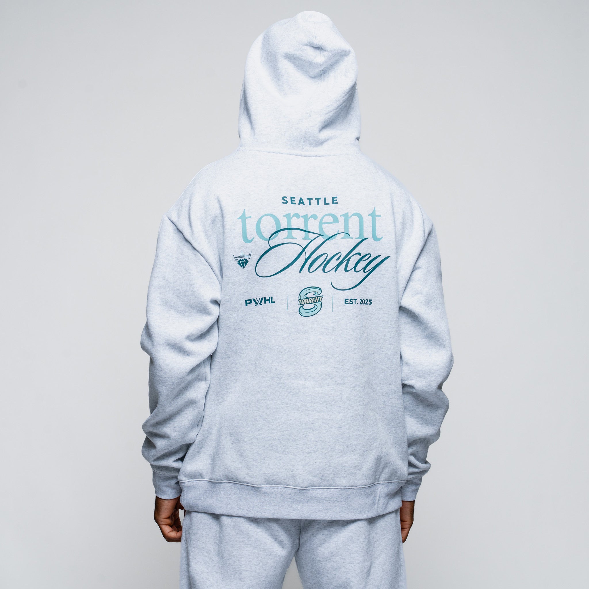 Gray hoodie with 'Seattle Torrent Hockey' text on the back against a gray background